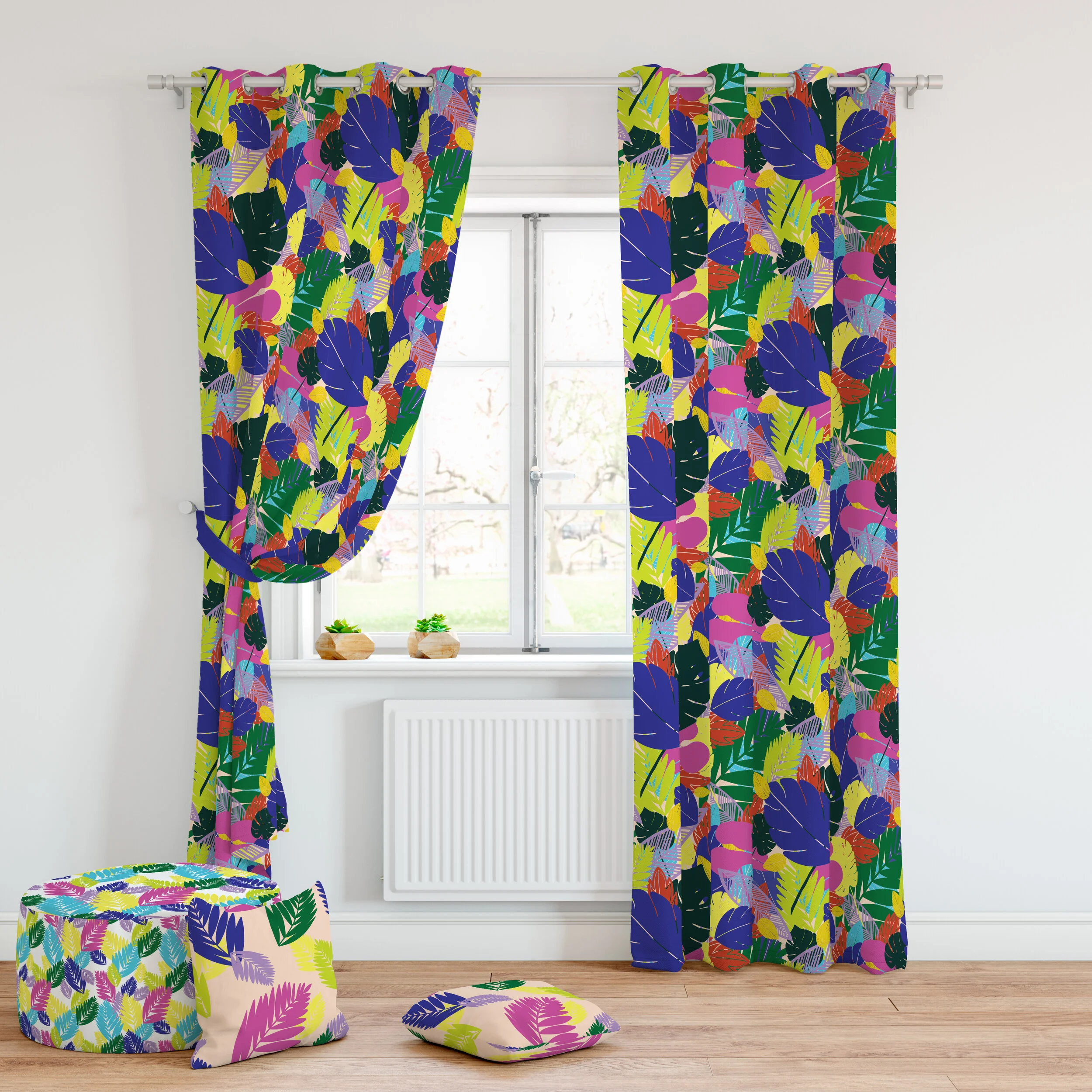 Tropical Kitchen Curtains and pouffe Mock Up.jpg