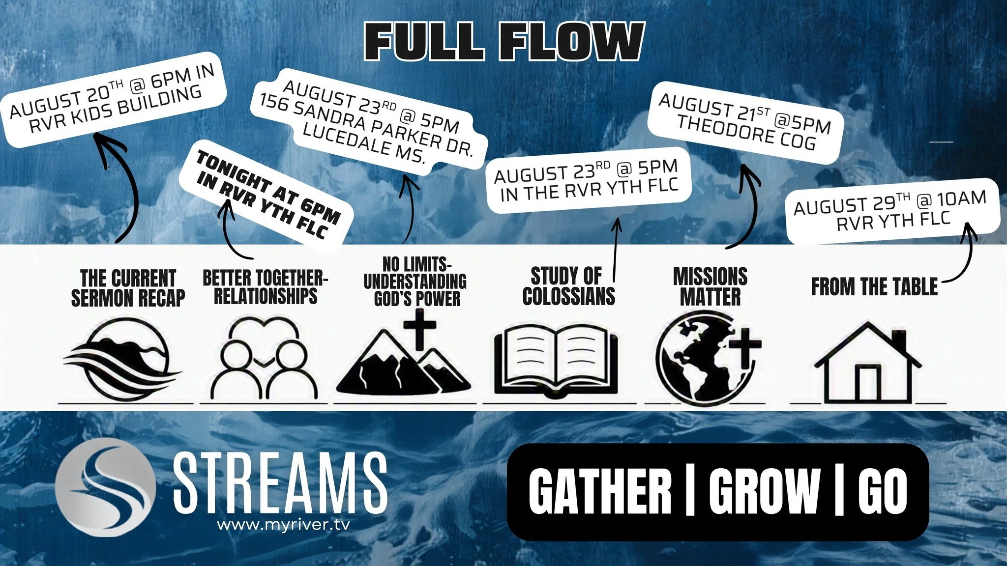 We have a few UPDATES >>> Check out what's happening this week in STREAMS!

The wait is over! 🌊 This week, we&rsquo;re officially launching Streams at The River &mdash;spaces designed to help you GATHER | GROW | GO!

There&rsquo;s a Stream 