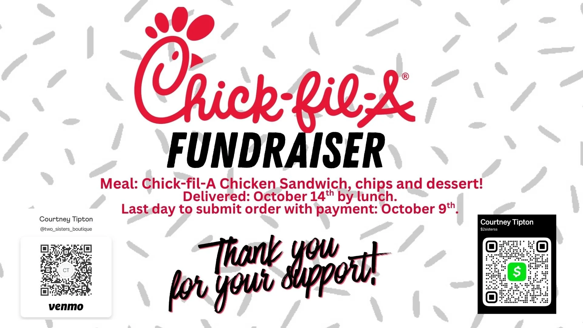 🐔 CHICK-FIL-A FUNDRAISER! 🐔

Craving Chick-fil-A AND want to help make an impact?! 🙌🔥

We&rsquo;re taking orders to help support our Ruach Conference trip! Every order helps us get one step closer to the conference! We will be delivering the meal