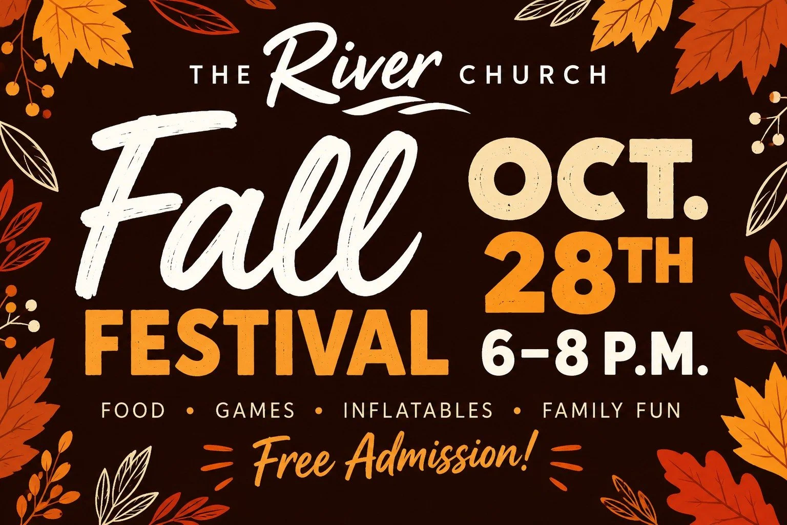 🍂FALL FESTIVAL | YOU'RE INVITED! 🍂

Hey, community! 👋 We're bringing the FALL FUN to The River Church, and YOU'RE invited!

Grab your family, invite your neighbors, and come enjoy an evening packed with fun, laughter, and memories! 🧡

🎯 Games fo