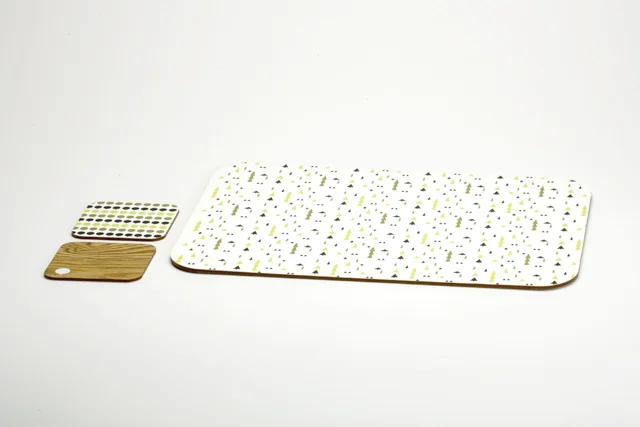 N A T U R E 0 2 / Elizabeth Azen, 2005. Place mat and coasters. MDF, woodgrain contact paper, digital prints, adhesive.