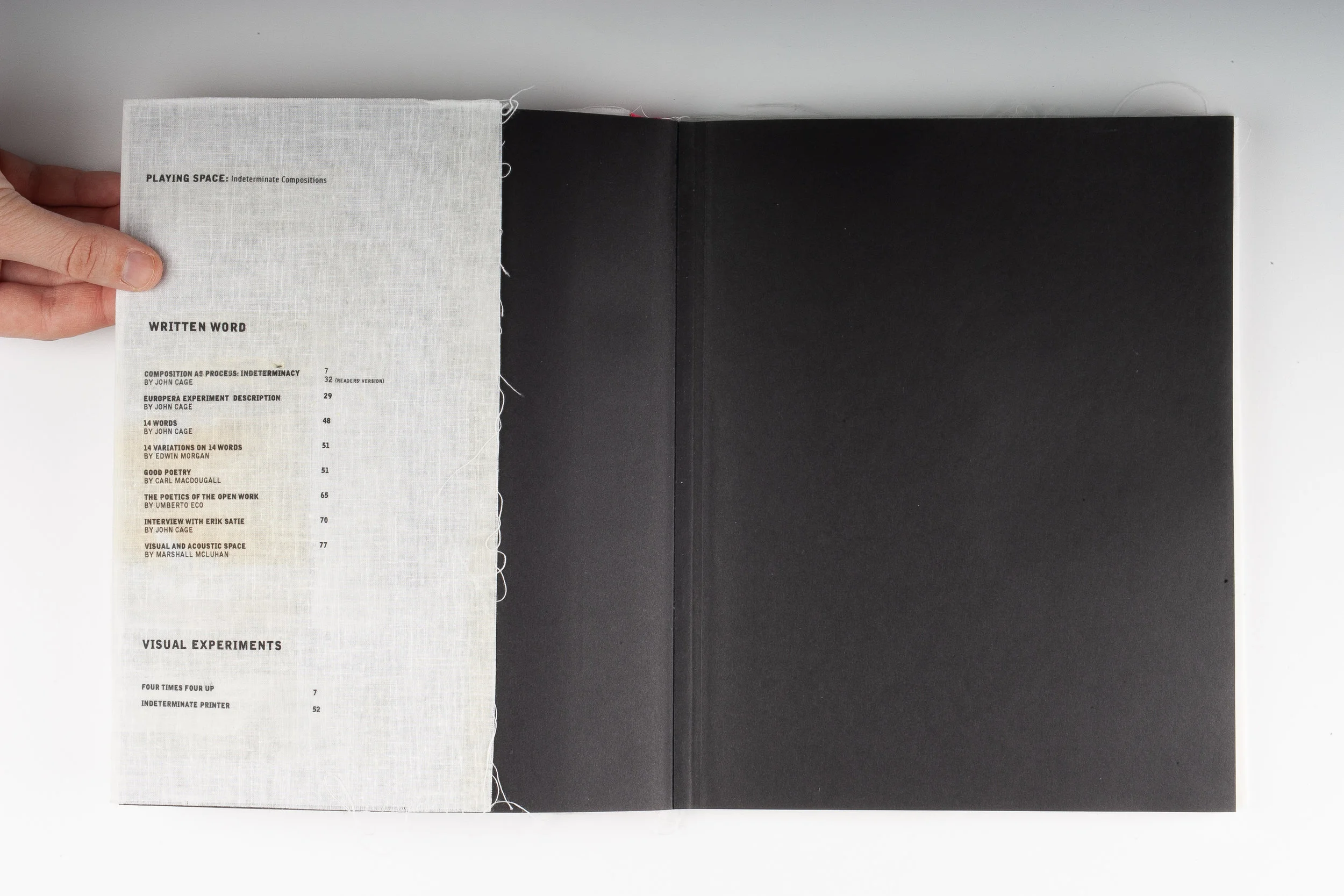 Playing Space, Elizabeth Azen, artist book, book design, graphic design, typography, screen printing, small press, John Cage, indeterminate compositions, Marshall McLuhan, Umberto Eco