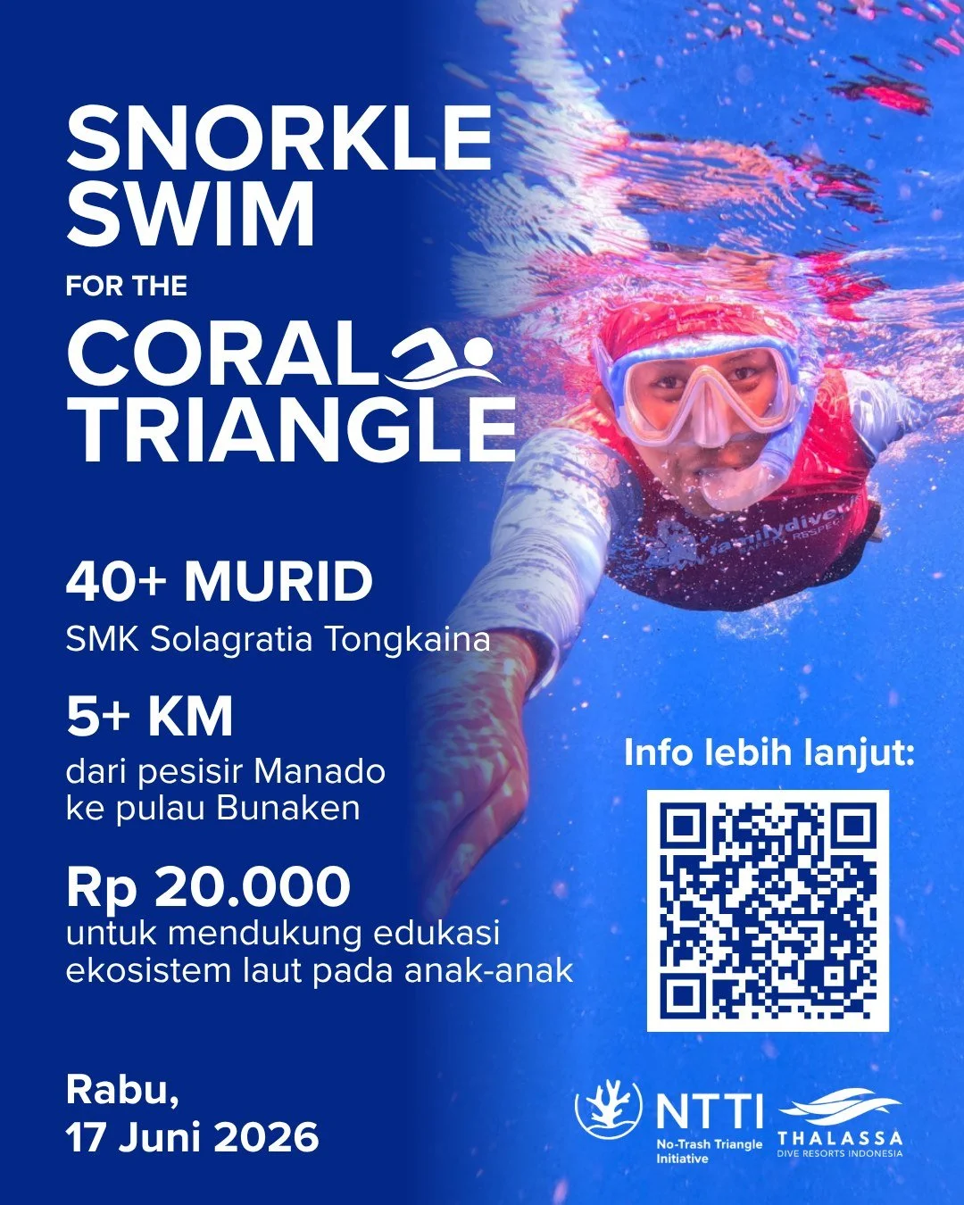 On 17 June, 40+ students from Solagratia School (@krisoltonsolagratia) will take on a challenge to swim more than 5 kilometers from the mainland to Bunaken Island. 

More than crossing open water, this experience challenges them to build courage and 