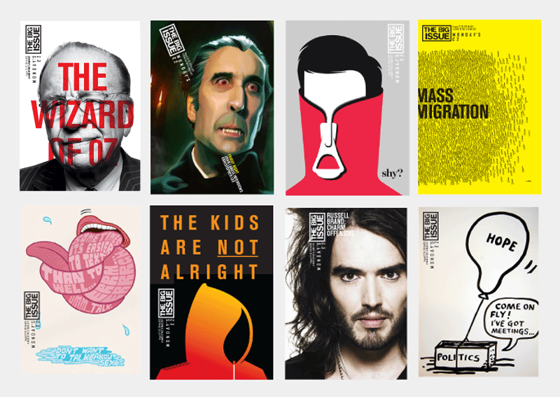 The above is an exercise in cover freedom. The Big Issue can turn its non-newsstand distribution model into an advantage by ditching the perceived rules of the newsstand. I introduced the idea of using the cover as a ‘poster’ for the magazine to a) allow more freedom in embracing the wide variety of cover stories and b) enjoying the vernacular of the streets it is embedded in.