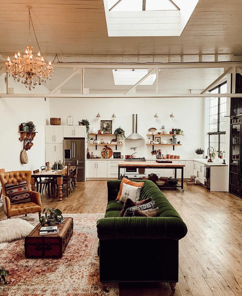 The Nordroom - A Vintage Industrial Barn Home With A Beautiful Green Velvet Sofa
