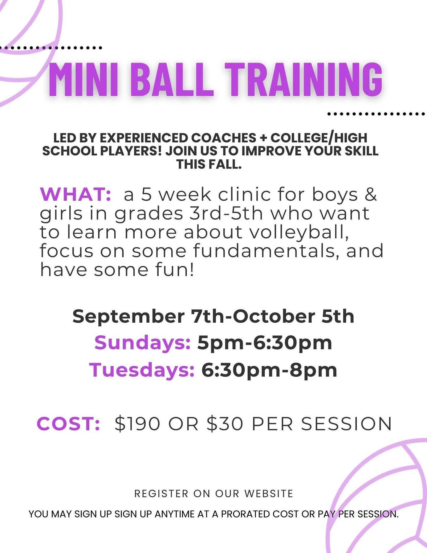 𝐌𝐈𝐍𝐈 𝐁𝐀𝐋𝐋 + 𝐓𝐈𝐍𝐘 𝐓𝐎𝐓 𝐓𝐑𝐀𝐈𝐍𝐈𝐍𝐆

Offering fall instructional programs for littles who are looking for something fun to do this fall. 

Our Mini Ball training is great for boys and girls in grades 3rd-5th who want to learn more ab
