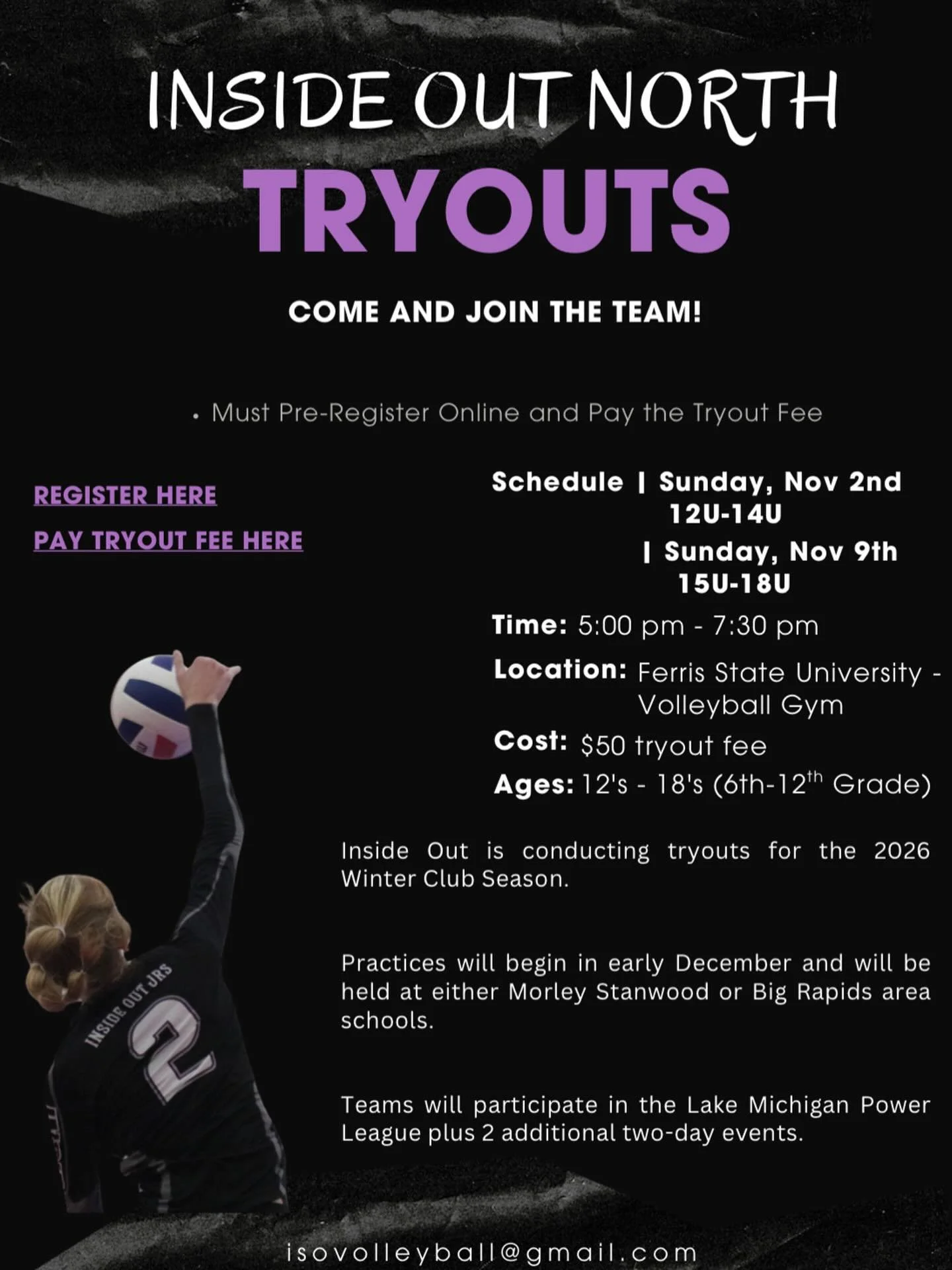 Inside Out North is BACK &amp; is holding TRYOUTS for the 2026 Winter Club Season!

🗓️ Tryout Info

Dates
&bull; Sunday, Nov. 2 &ndash; Ages 12U‑14U | 5:00 pm-7:30pm
&bull; Sunday, Nov. 9 &ndash; Ages 15U‑18U |  5:00pm-7:30pm

Where: Ferris State Un