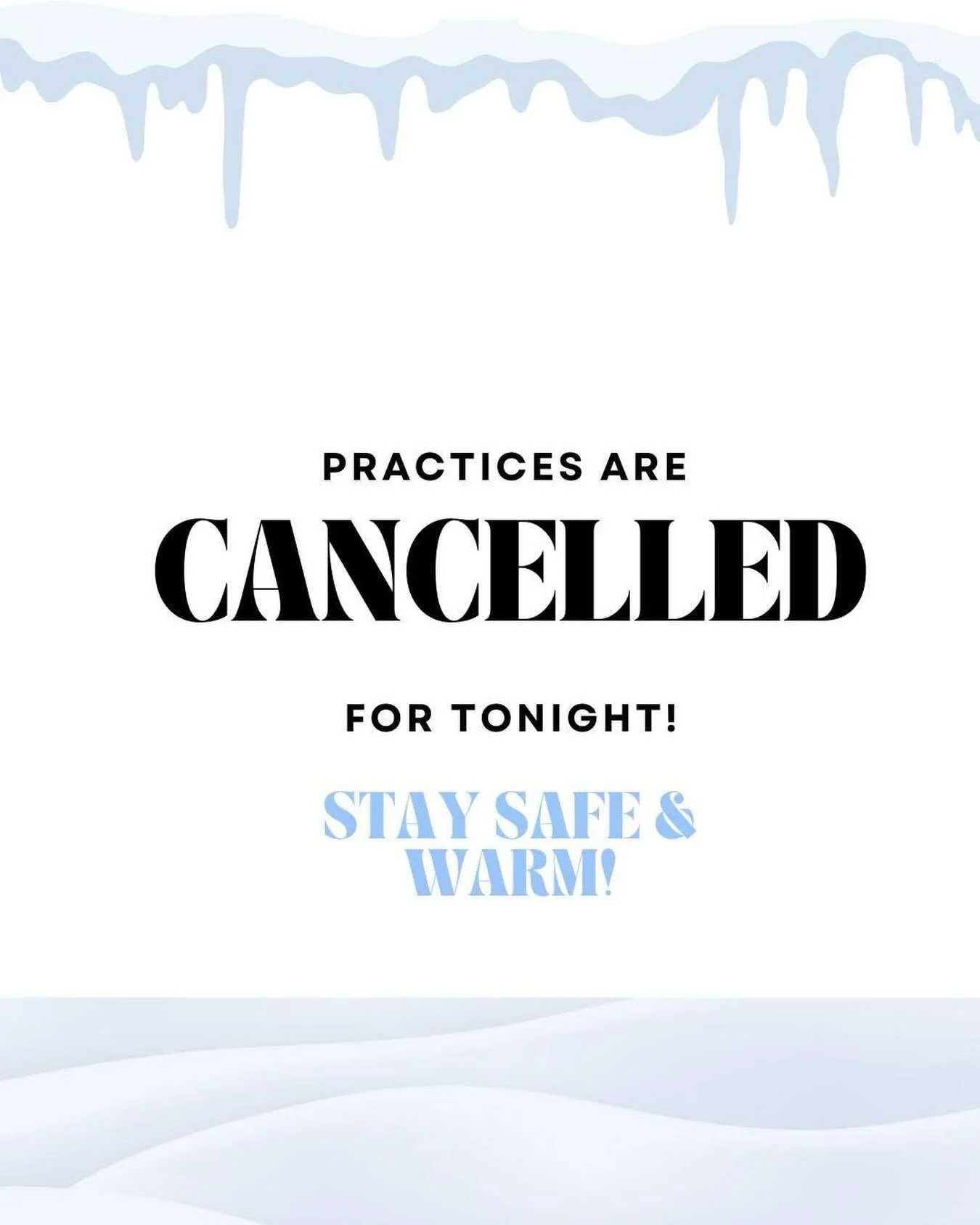 PRACTICES AND THE PASSING CLINIC ARE CANCELLED TONIGHT DUE TO WEATHER. 

Stay safe out there! ❄️