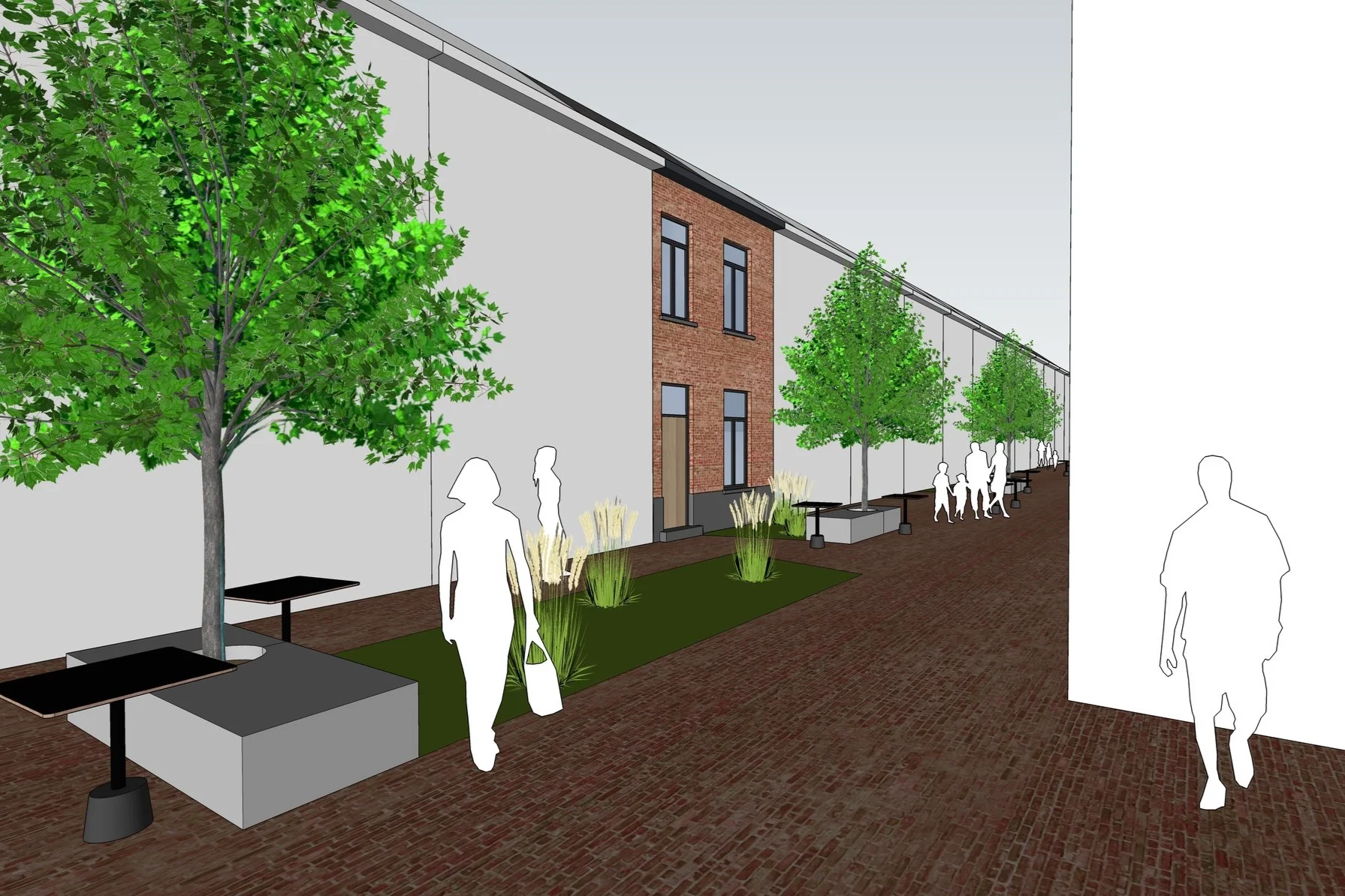 In het voorstel werd de autovrije steeg bezaaid met boombanken en verplaatsbare tafeltjes. Het autovrije straatje wordt zo terug collectieve ruimte en een ontmoetingsplaats voor buren.
