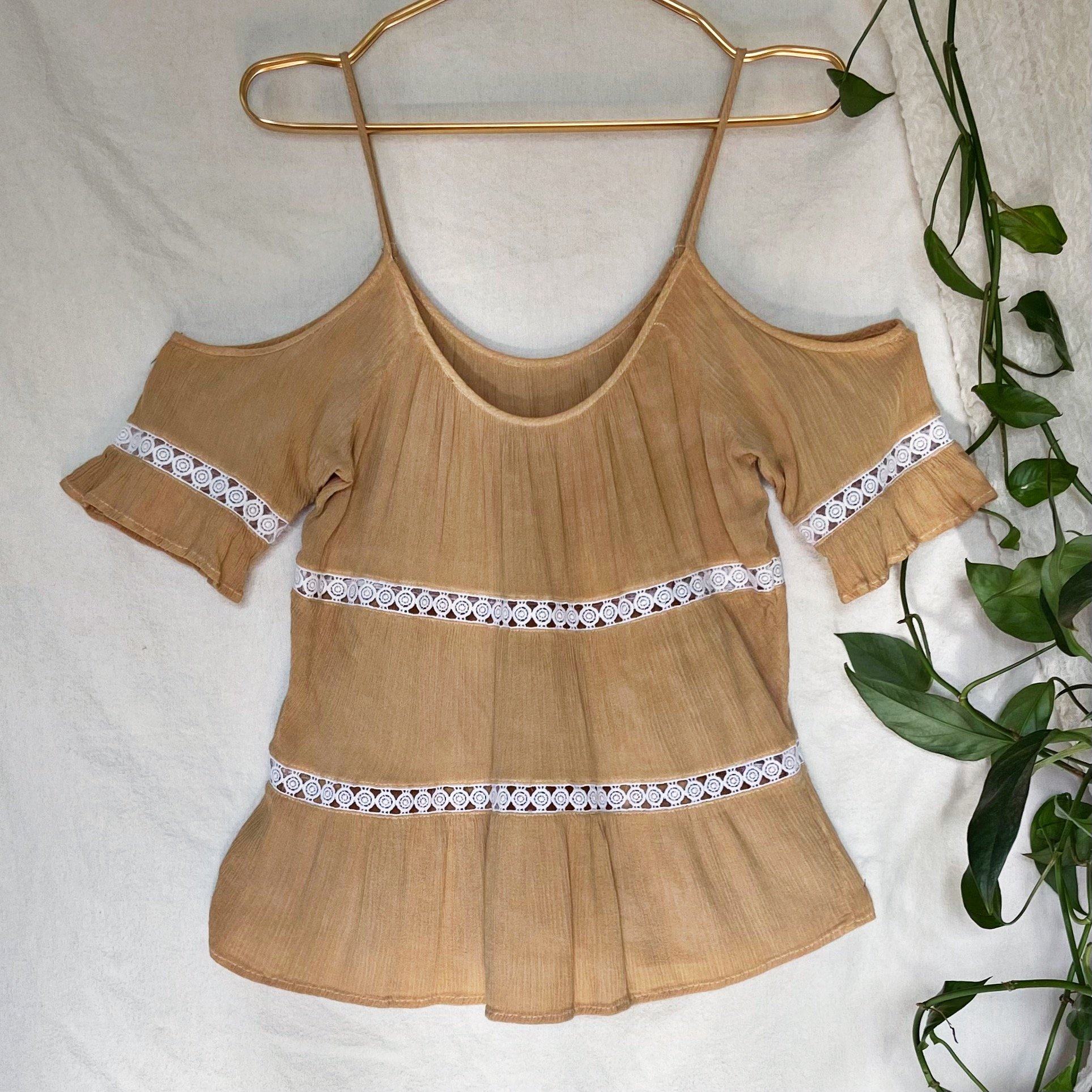 Ochre Open Shoulder Top with Embroidery Details