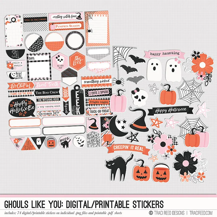 Last but not least, my love for digital stickers is REAL and in the Ghouls Like You collection, you get not one, but TWO sheets of stickers to play with! The first sheet is full of journaling bits and word art, while the second has all the sticker icons from the collection - plus a couple banners! The stickers come on both individual .png files and printable sheets and all my printable sheets are designed to be EASY to fussy cut with straight lines on the word bits and circles designed for the standard circle punch sizes! On the icon sheets, the stickers come with faint fussy cutting guides, or just run them through your silhouette!