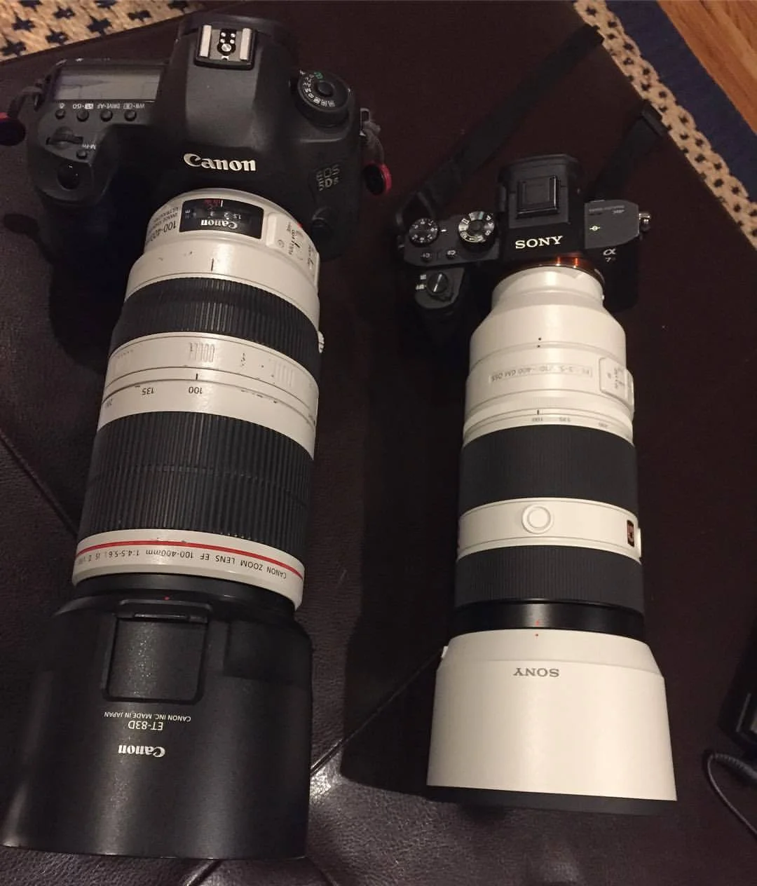 Size comparison of my Canon and Sony systems with equivalent 100-400 lenses.