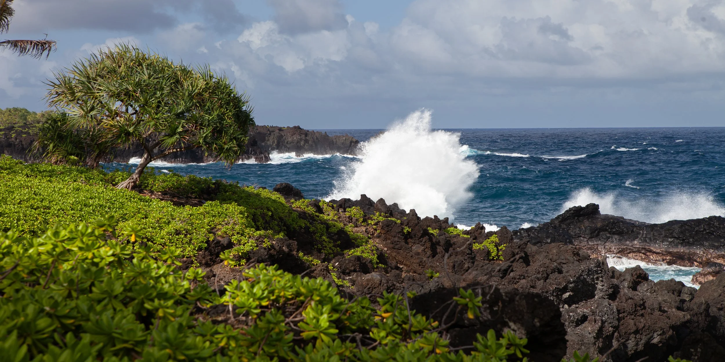 Waves crashing on a rocky beach in Maui