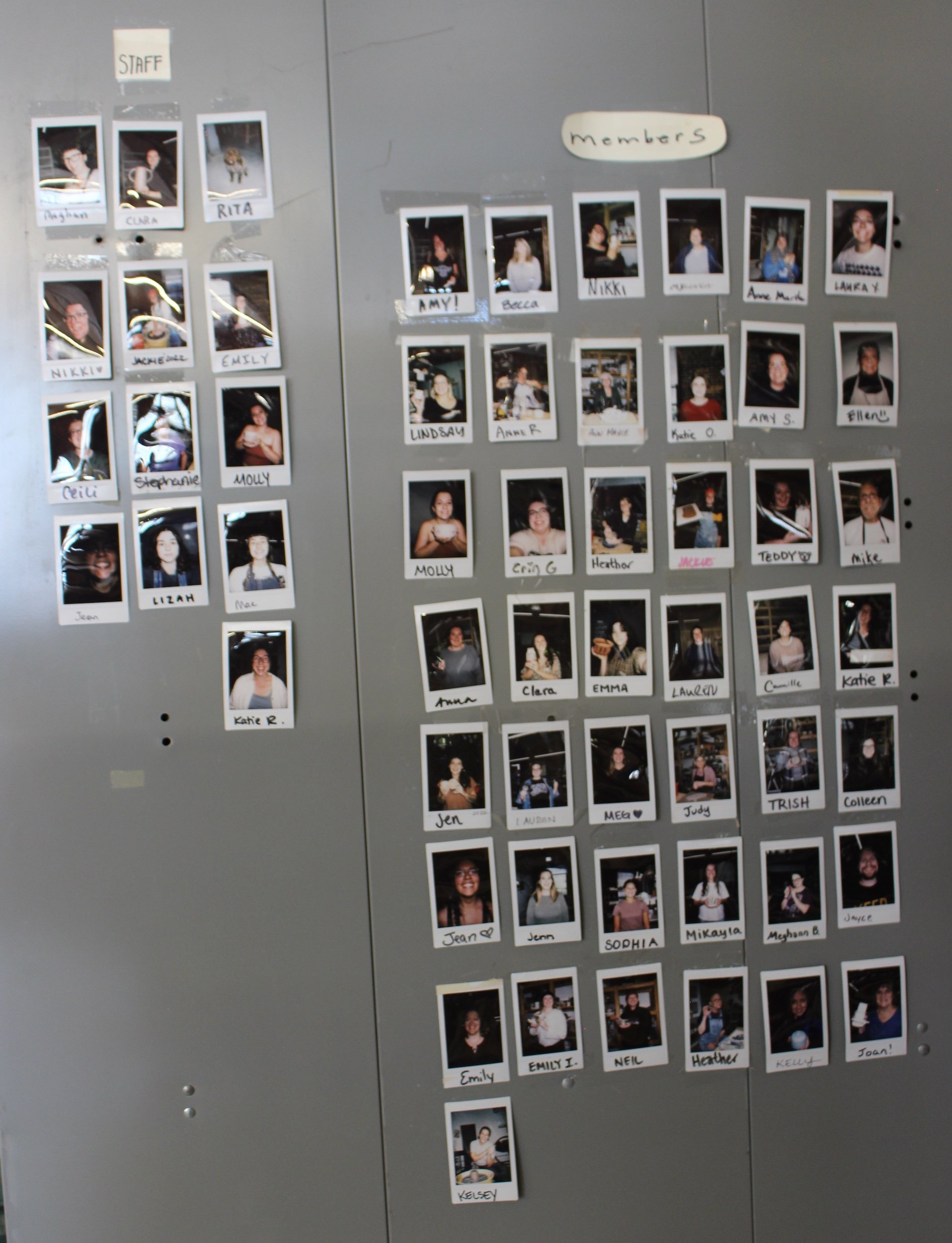 Polaroid photos of members and staff