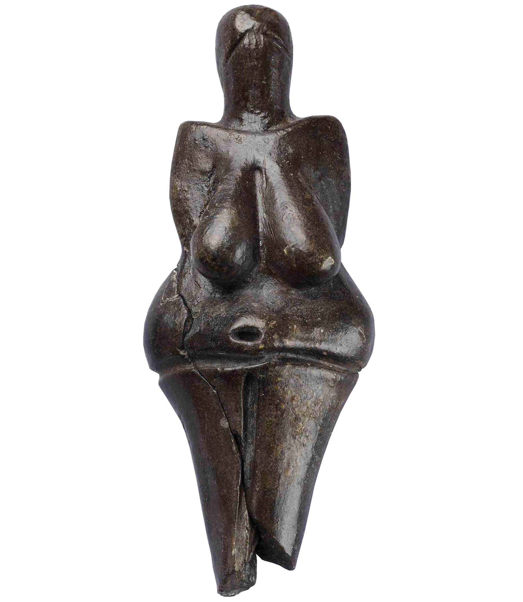 Ancient wooden sculpture of a female torso, showing detailed breasts, abdomen, and hips, with visible cracks.