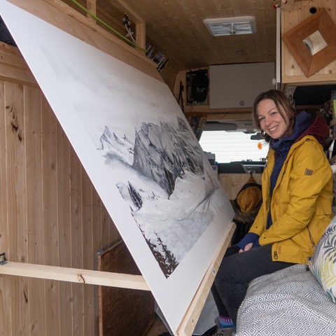 Sam in her mobile studio.