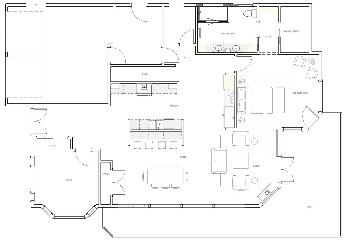 Remodeled floor plan showing open-plan kitchen, expanded primary suite, and converted home office with Puget Sound views