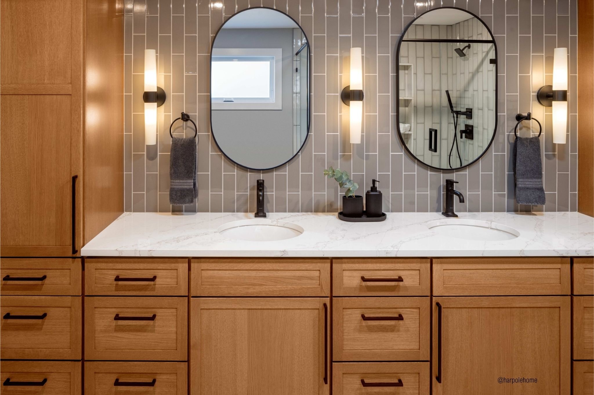 Vashon Island primary bathroom vanity with Dura Supreme oak cabinetry and Fireclay Tile vertical glazed tile