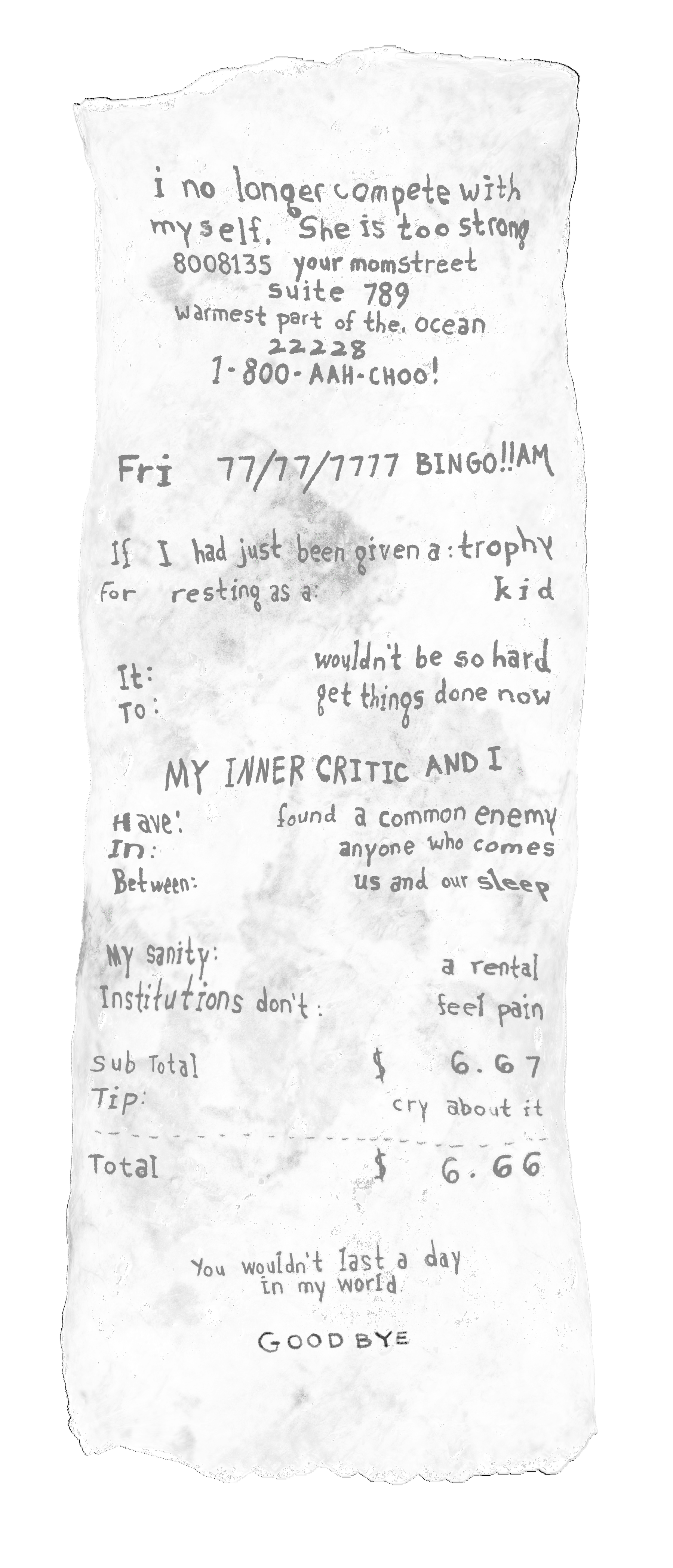 Receipt From My Purchase of Madness, Fairy Jung
