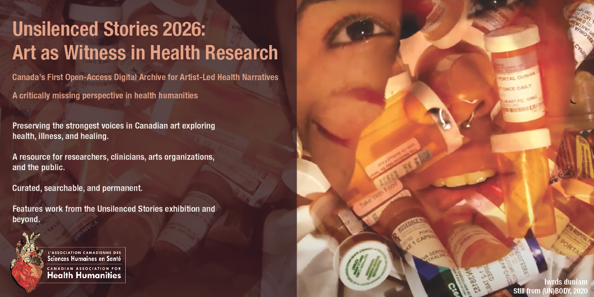 Composite image of a person’s face layered with prescription pill bottles, representing artist-led health narratives about illness and care