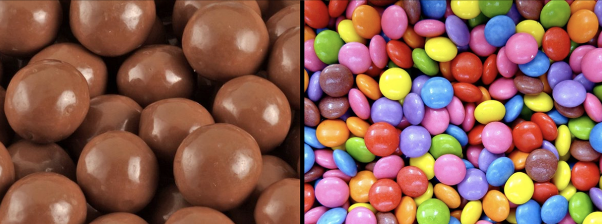 Here is a simple model displaying tumour heterogeneity. Scientists have previously thought that tumour cells were similar to one another, like Maltesers (image on the left), however they are quite different to each other like the Smarties (image on the right).
