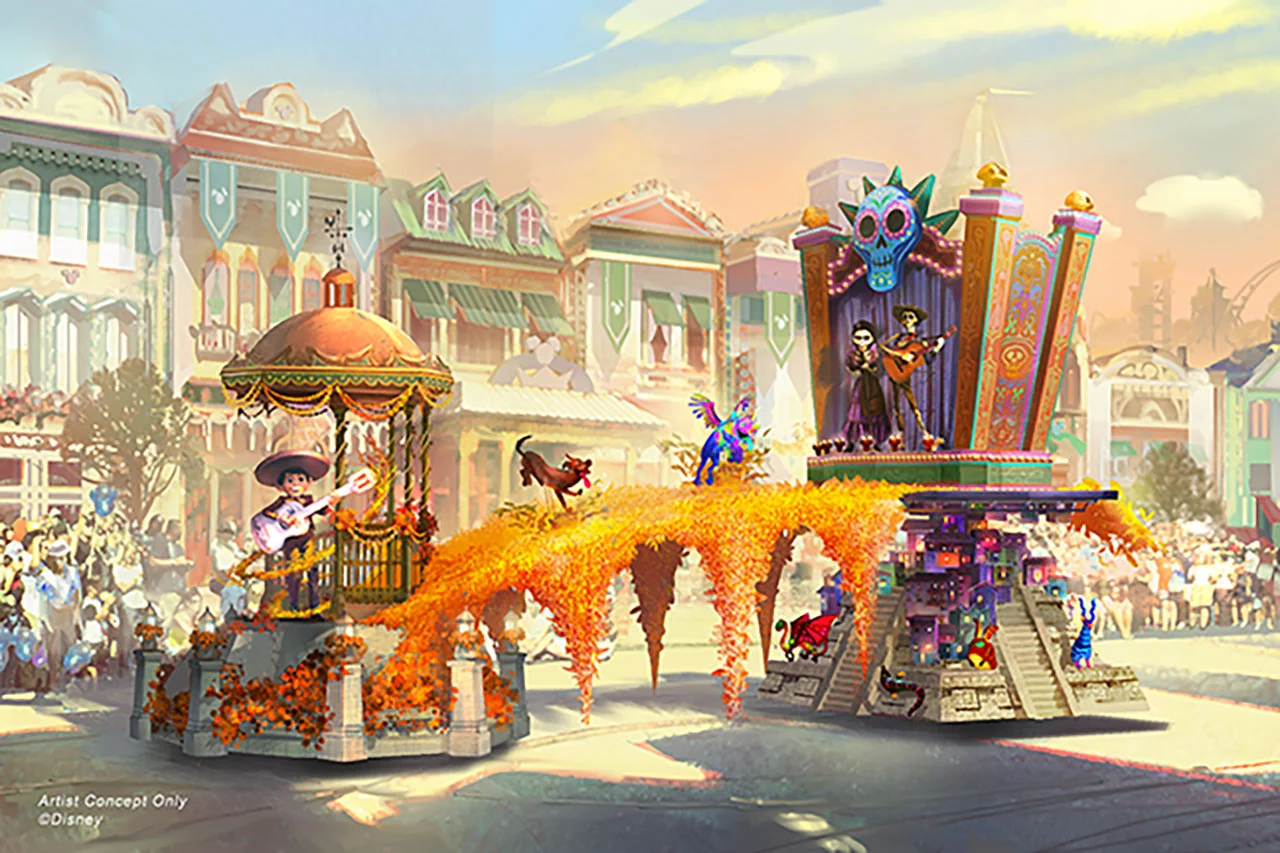 Coco themed float for Magic Happens parade at Disneyland. Concept art via Disney Parks Blog.