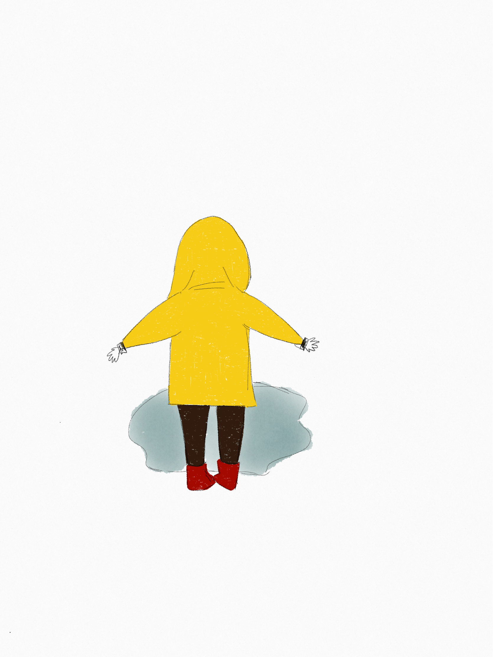 A little kid on a yellow raincoat about to jump into a puddle