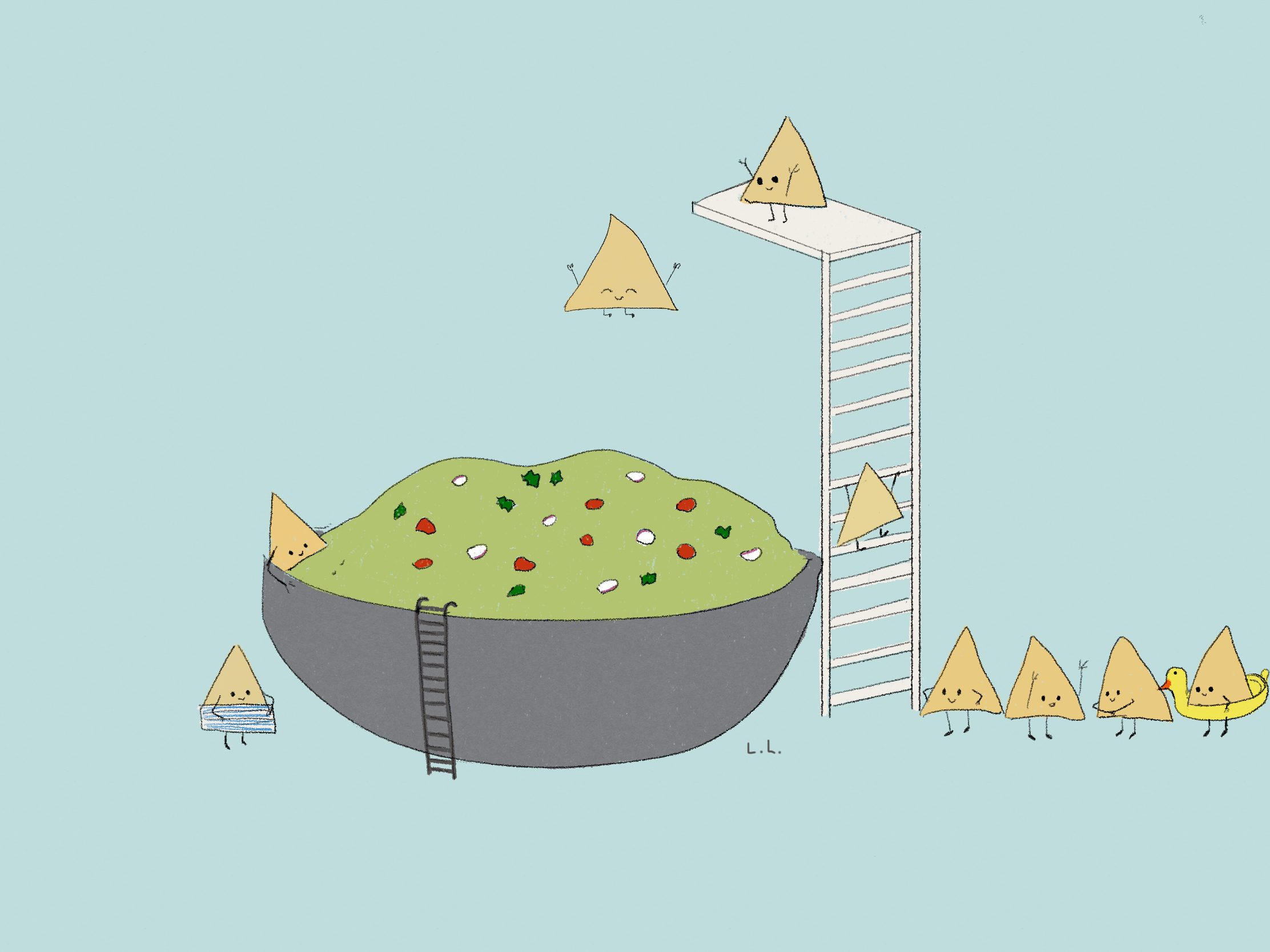 Illustration of tortilla chips jumping into a bowl of guacamole as a swimming pool