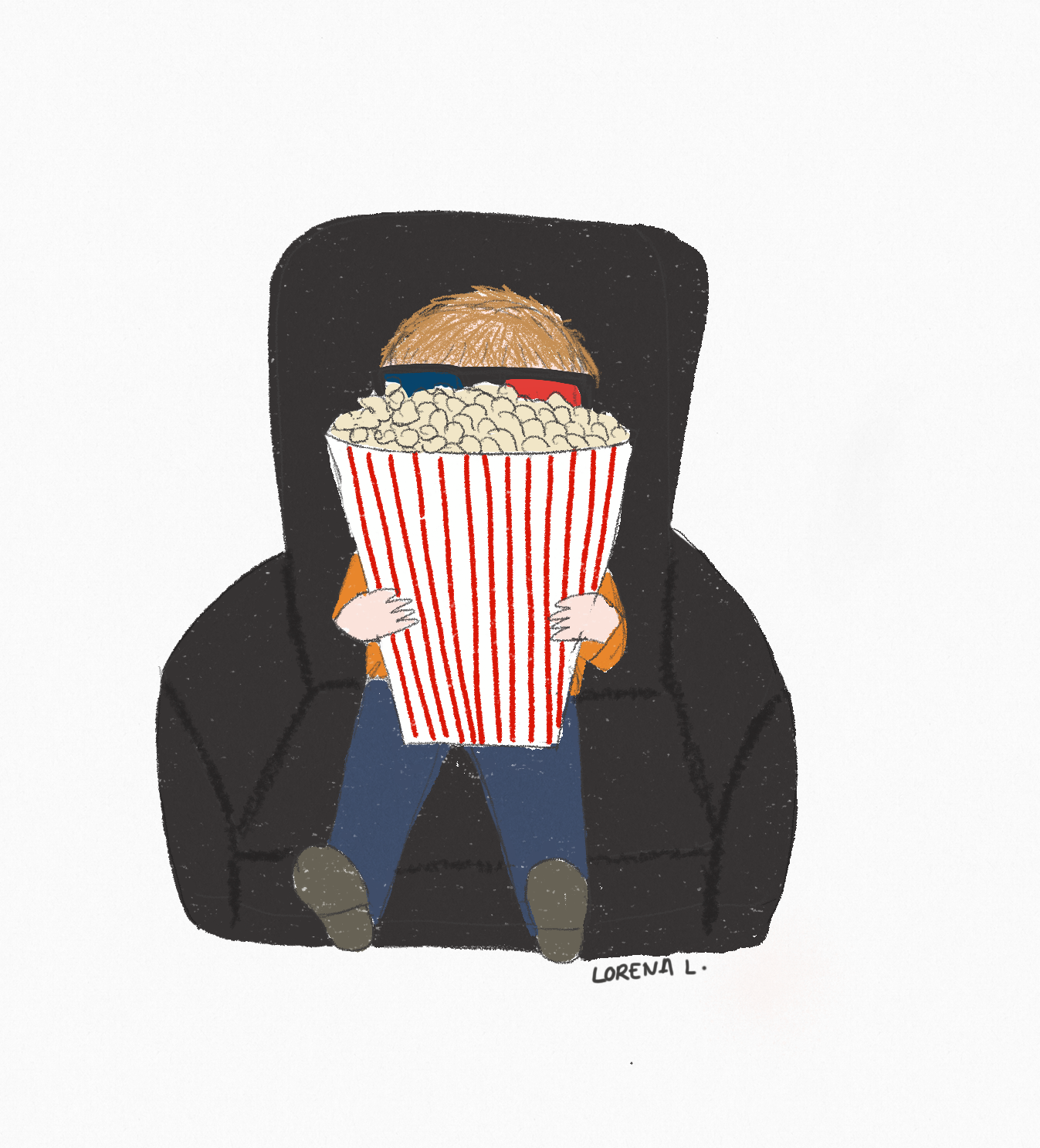 Illustration of little kid eating popcorn at a movie theatre