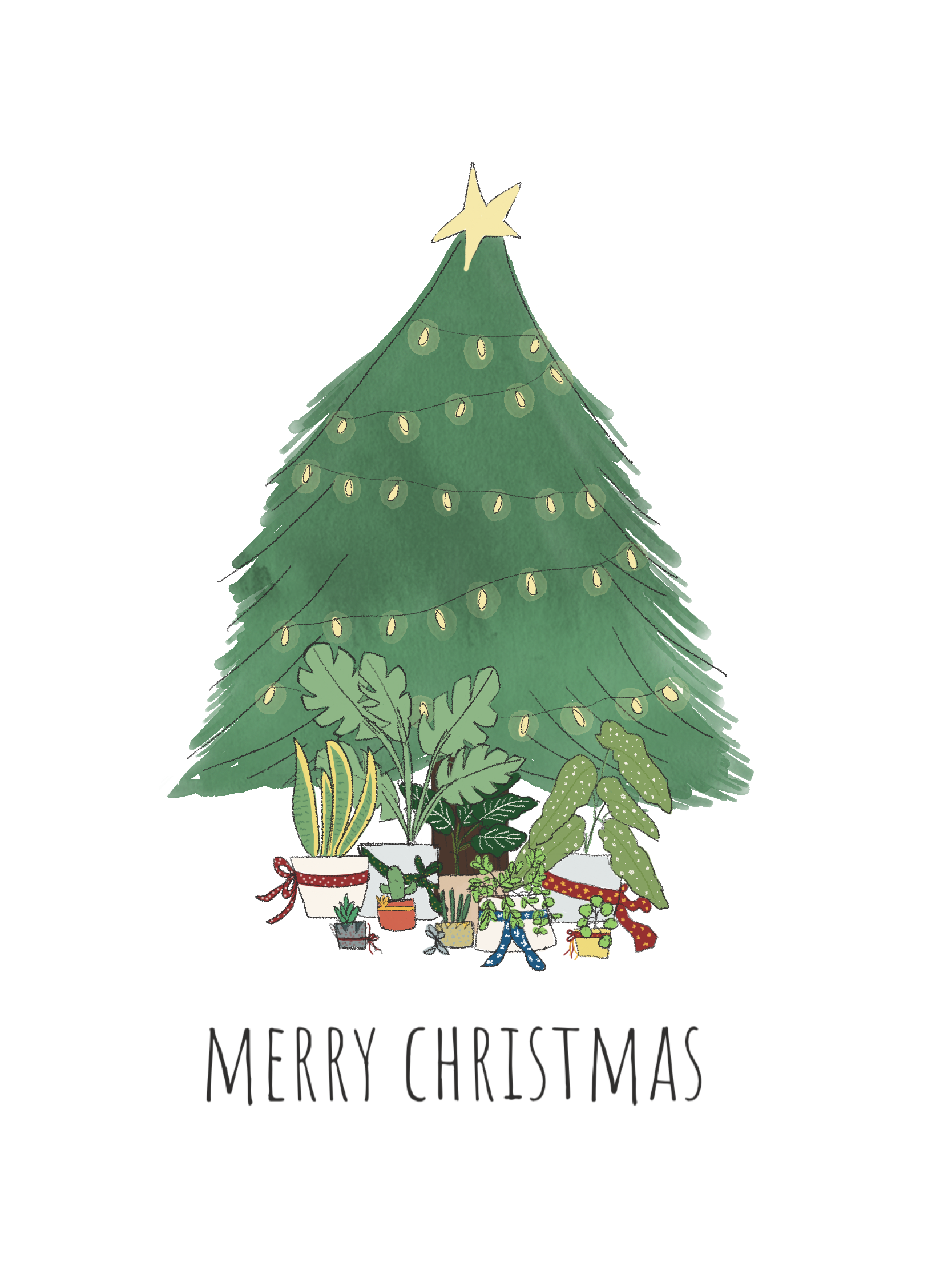 Illustration of Christmas tree with more plants underneath as presents