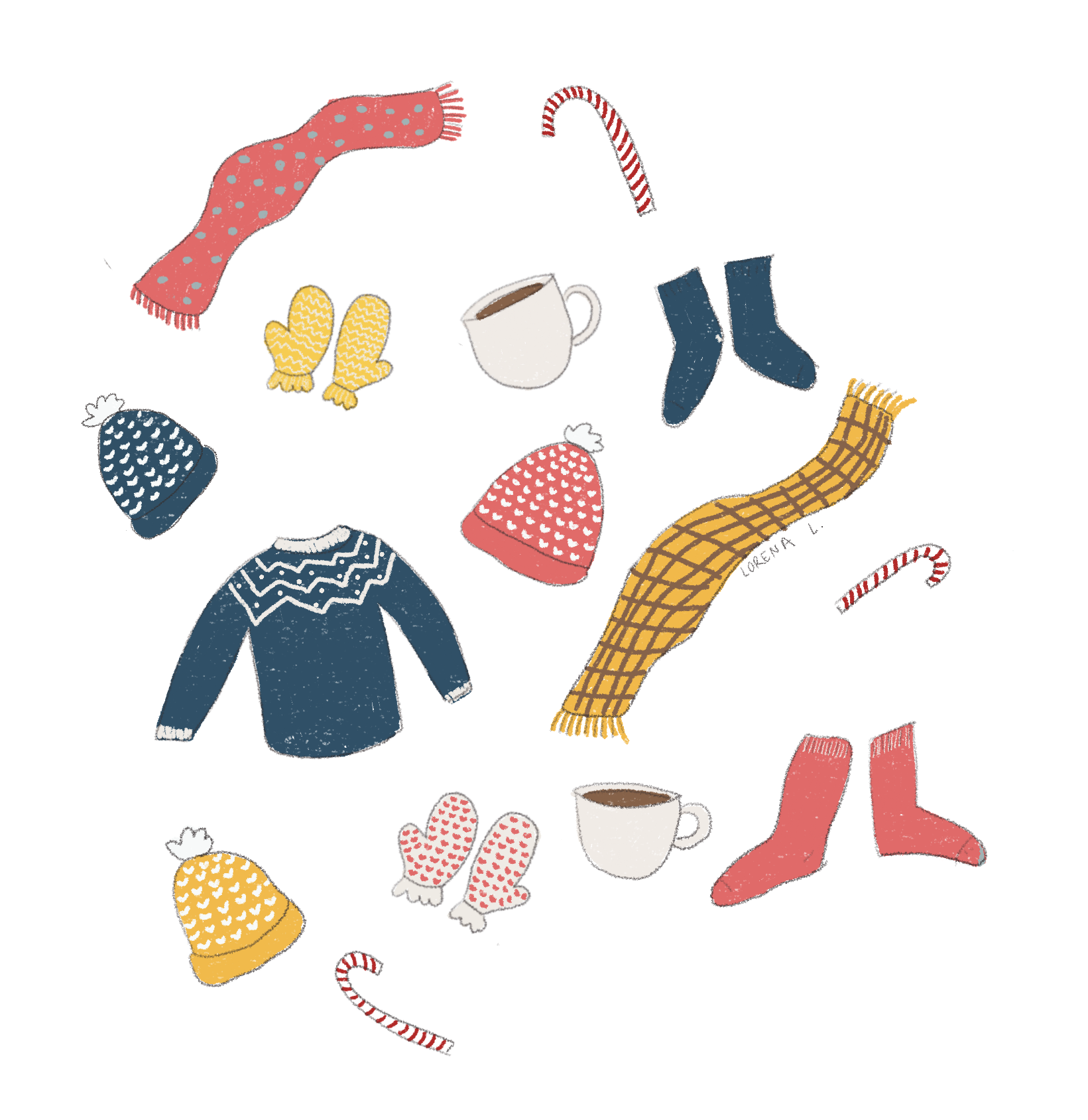 Winter themed illustration with winter clothes and sweets
