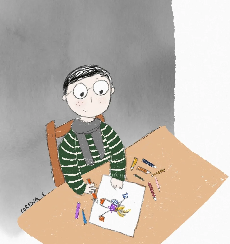 Illustration of a boy sitting on a desk drawing