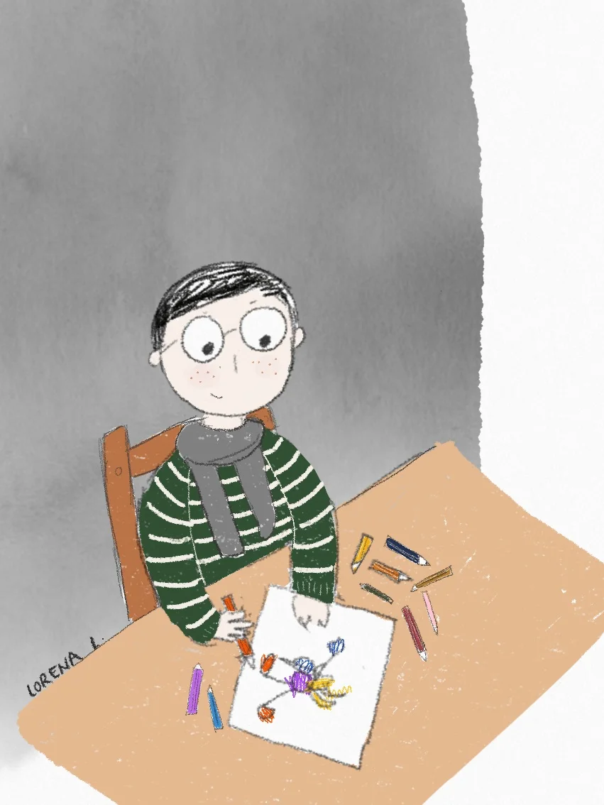 Illustration of a boy sitting and drawing