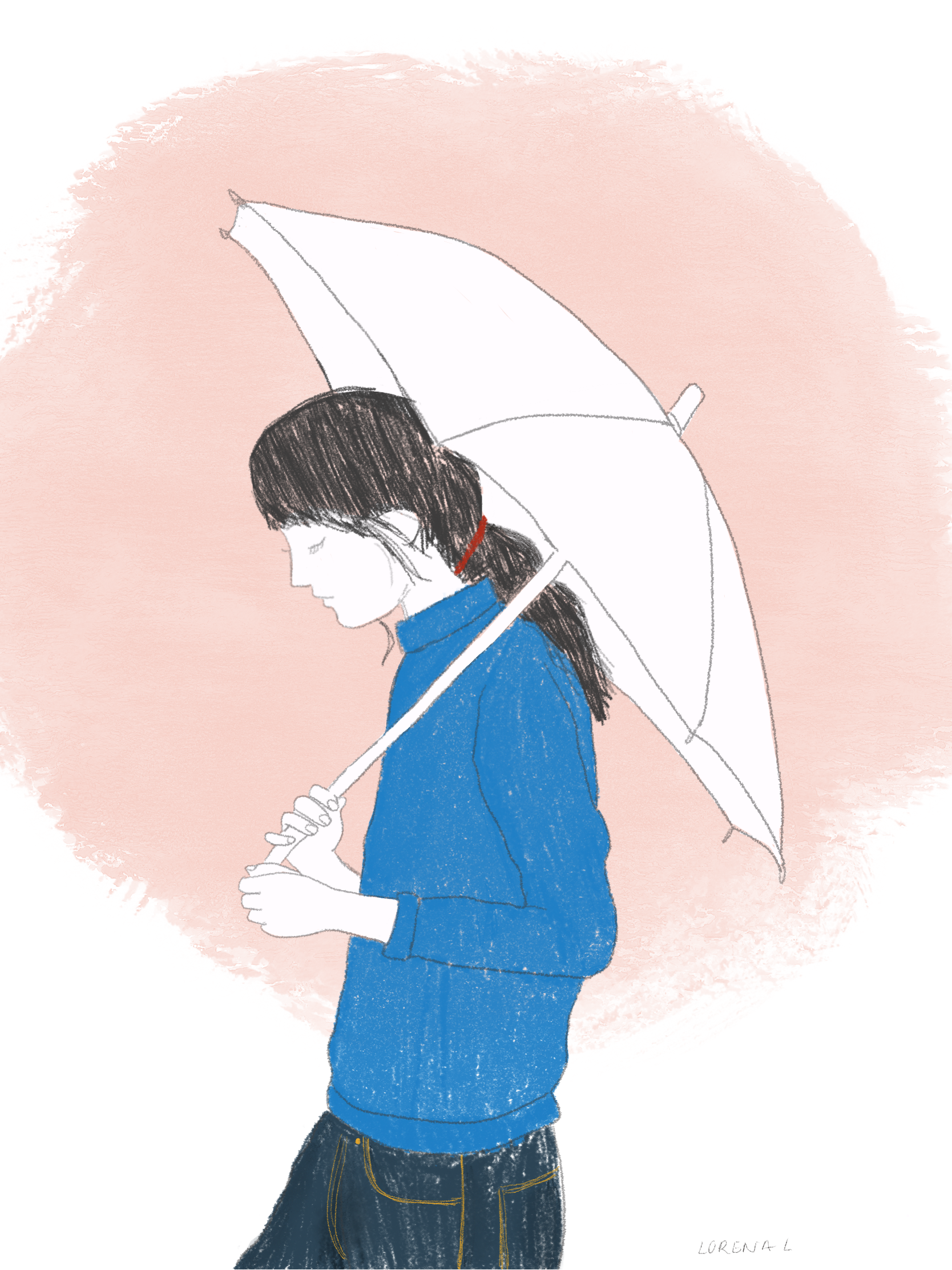 Illustration of woman holding and umbrella looking down