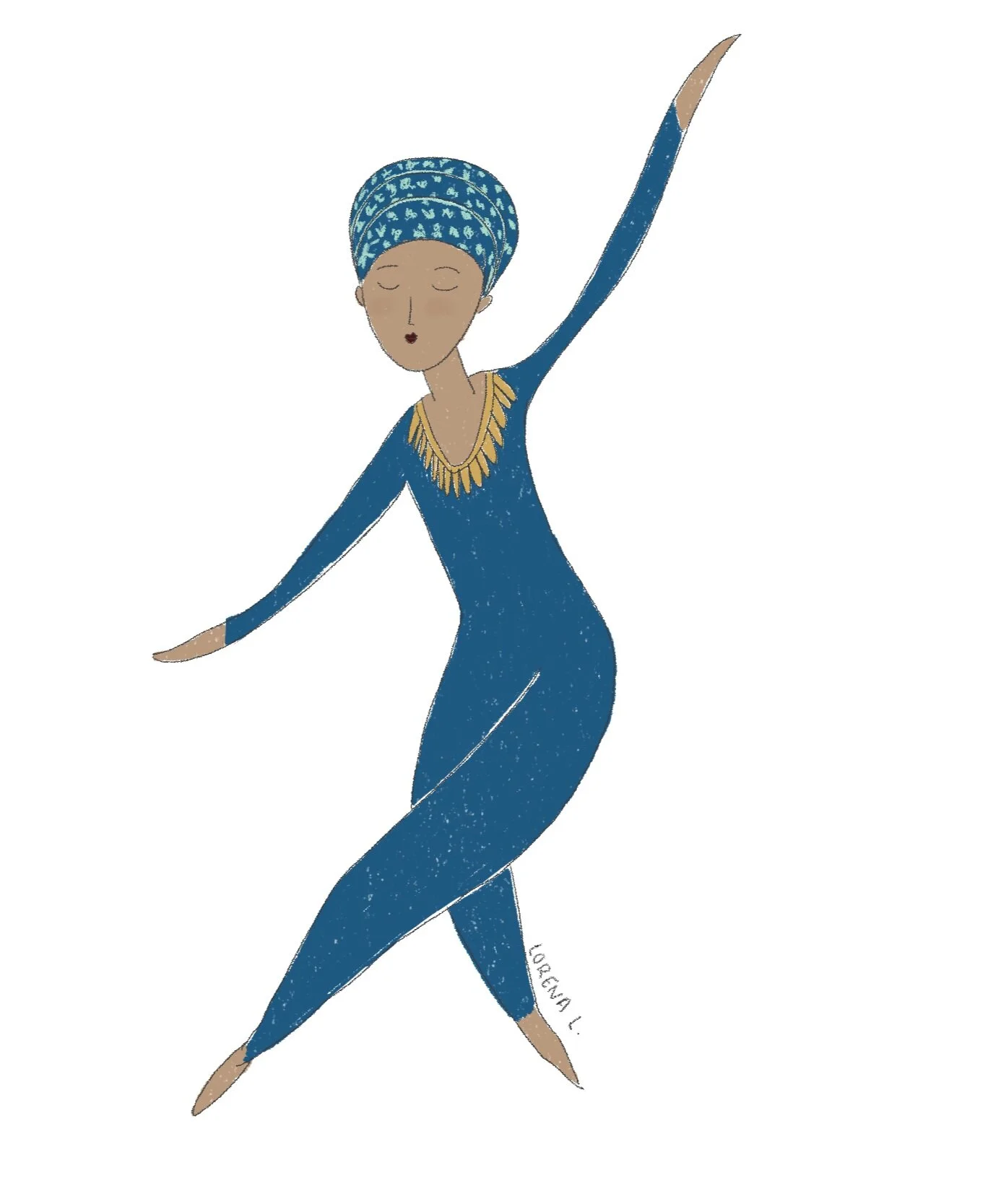 Illustration of a woman wearing a bodysuit and headscarf dancing