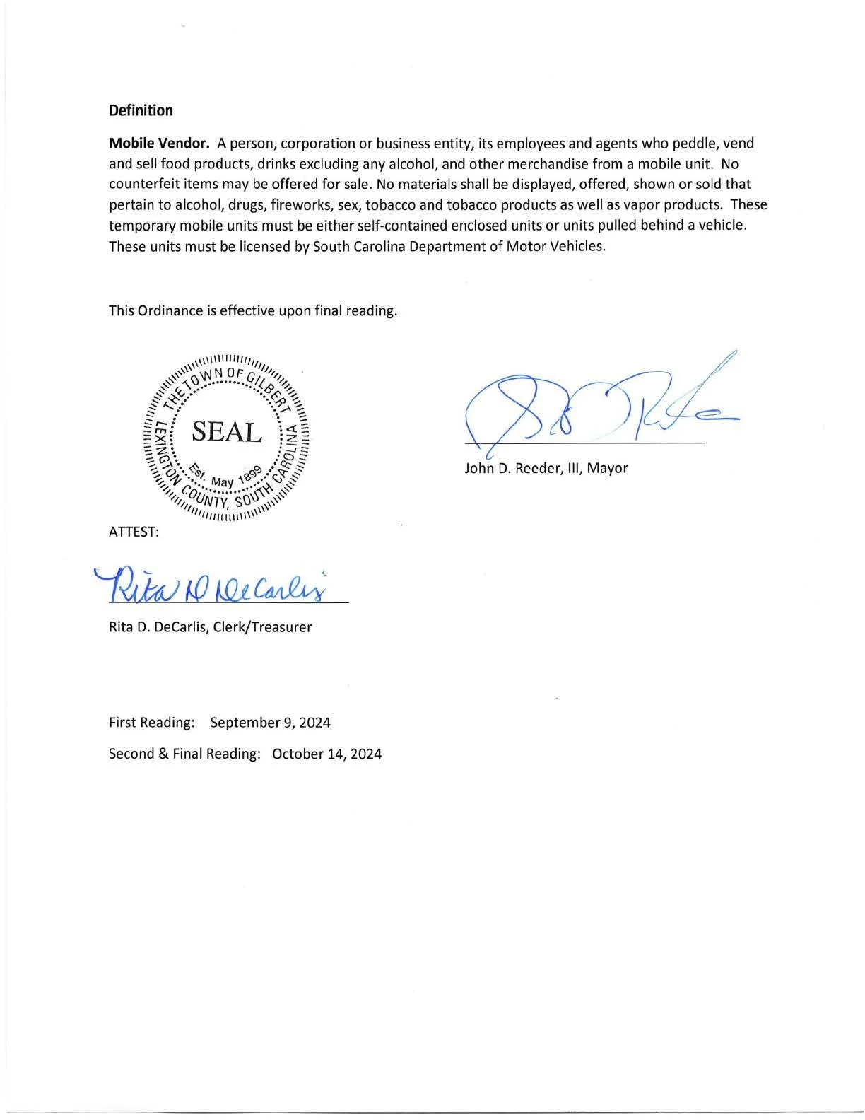 Mobile Vendor Ordinance — Town of Gilbert, SC