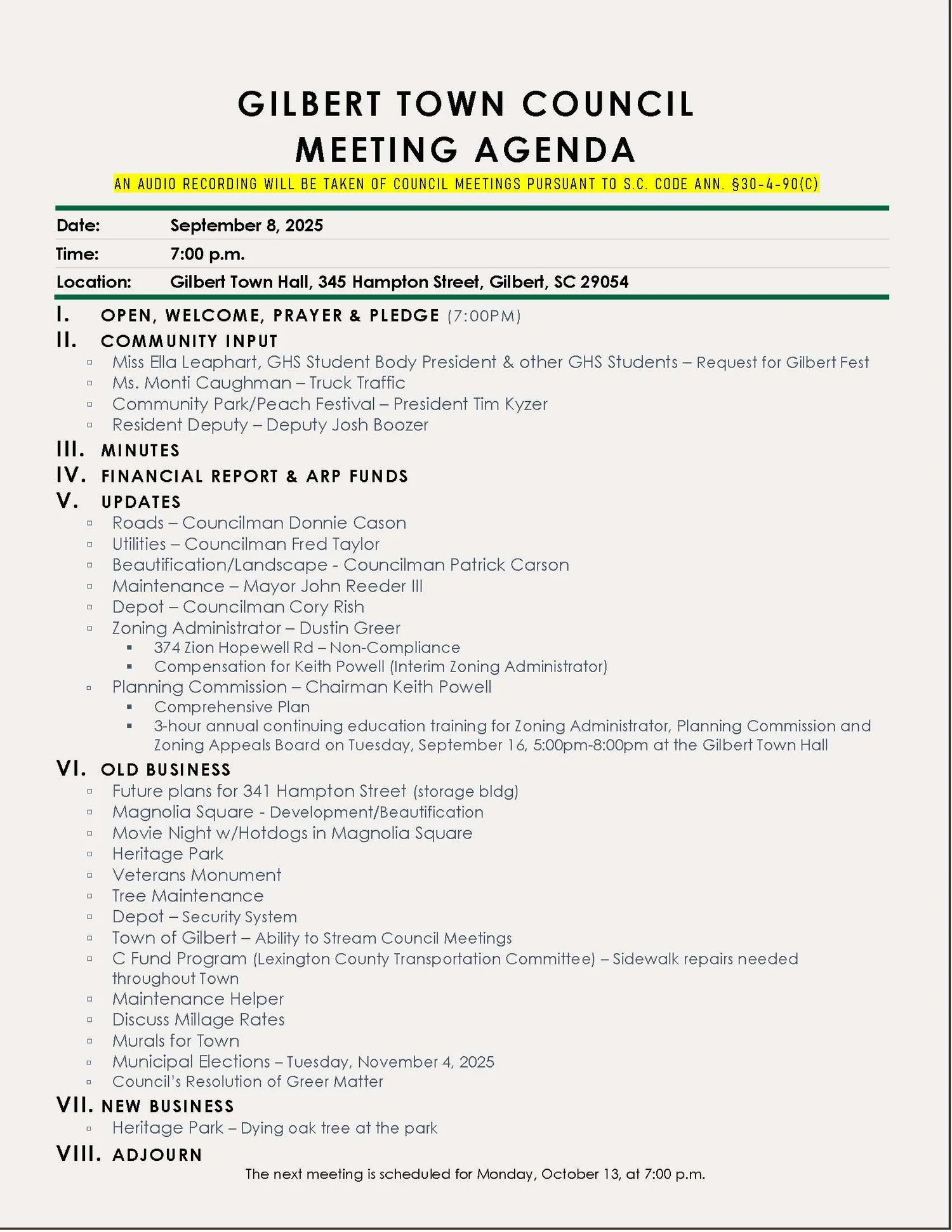 Agenda Town Council Meeting Monday September 8 2025 Town Of