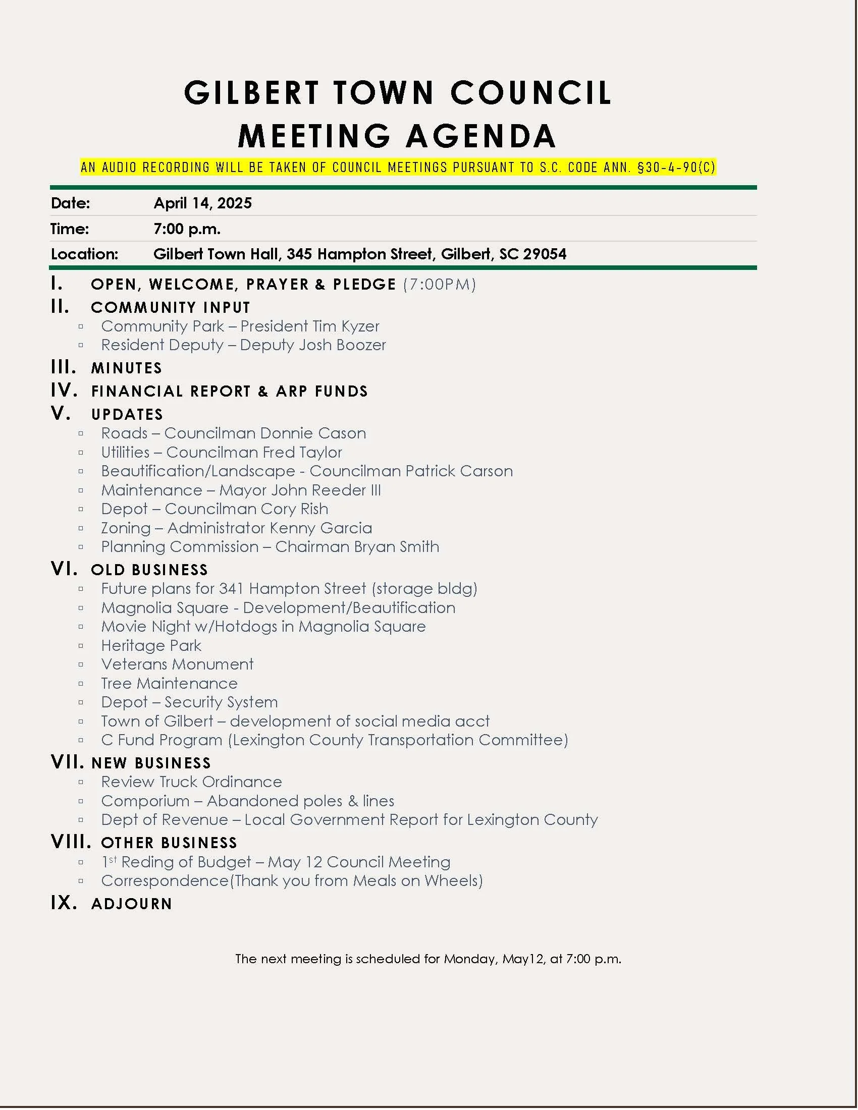 AGENDA - TOWN COUNCIL MEETING - MONDAY, APRIL 14, 2025 — Town of