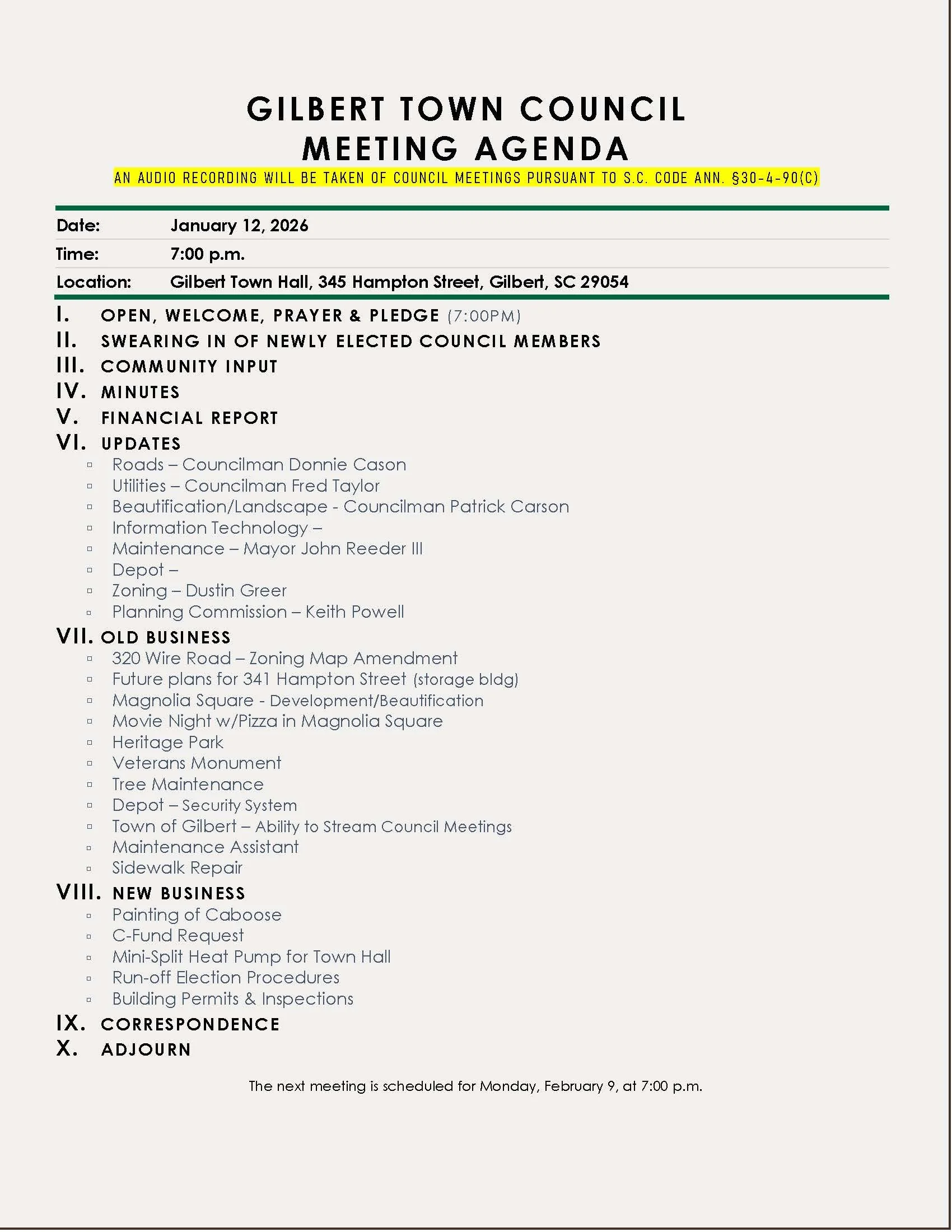 AGENDA - TOWN COUNCIL MEETING AGENDA - MONDAY, JANUARY 12, 2026 — Town