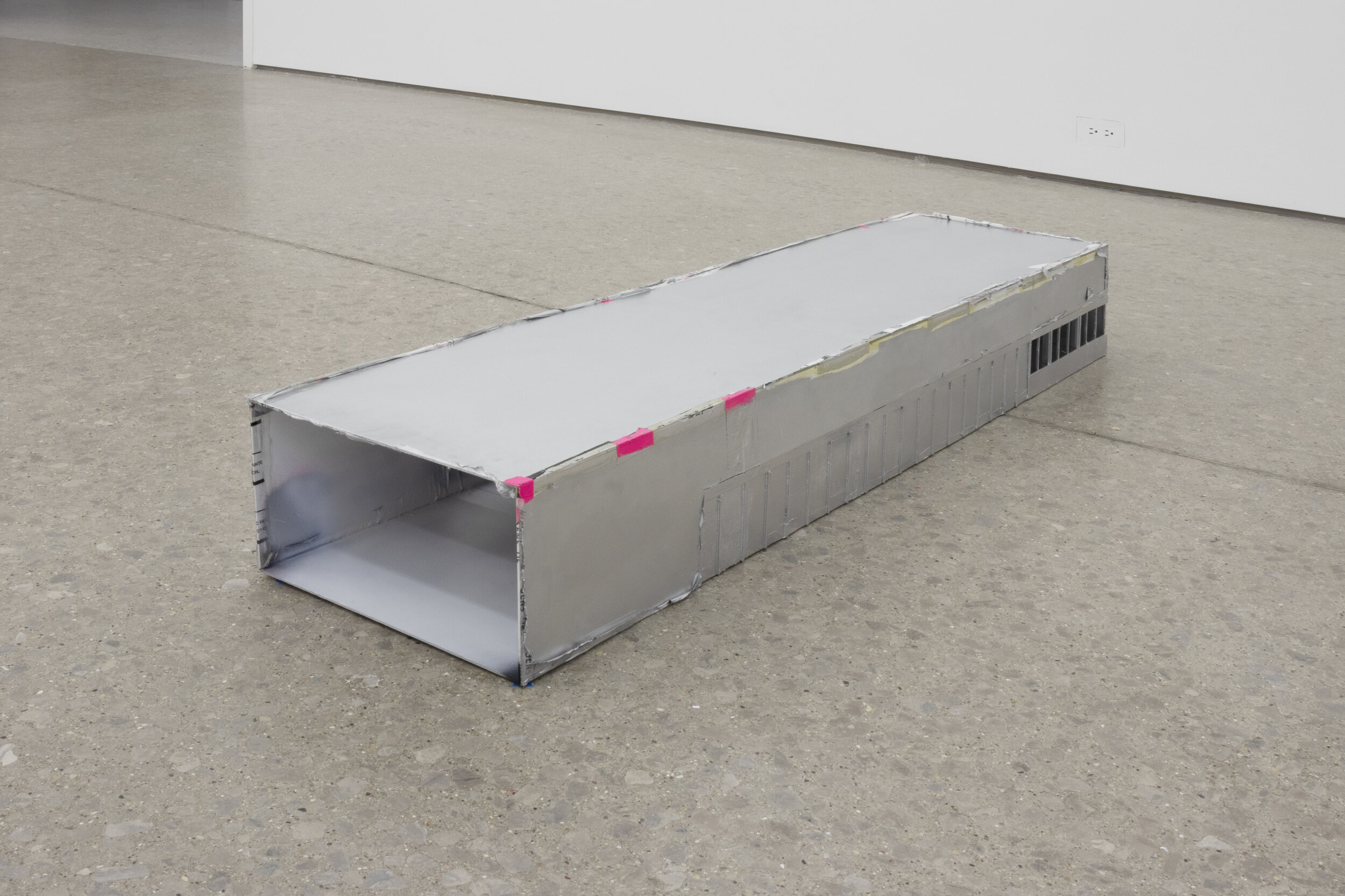   Bailey Connolly    Untitled (Ethical Configuration 02) , 2021   expanded PVC, sequin pins, aluminum flashing, protection plastic, spray paint, acrylic paint, aluminum tape, duct tape, contact cement, marker   7.25 x 12.25 x 48 in                   