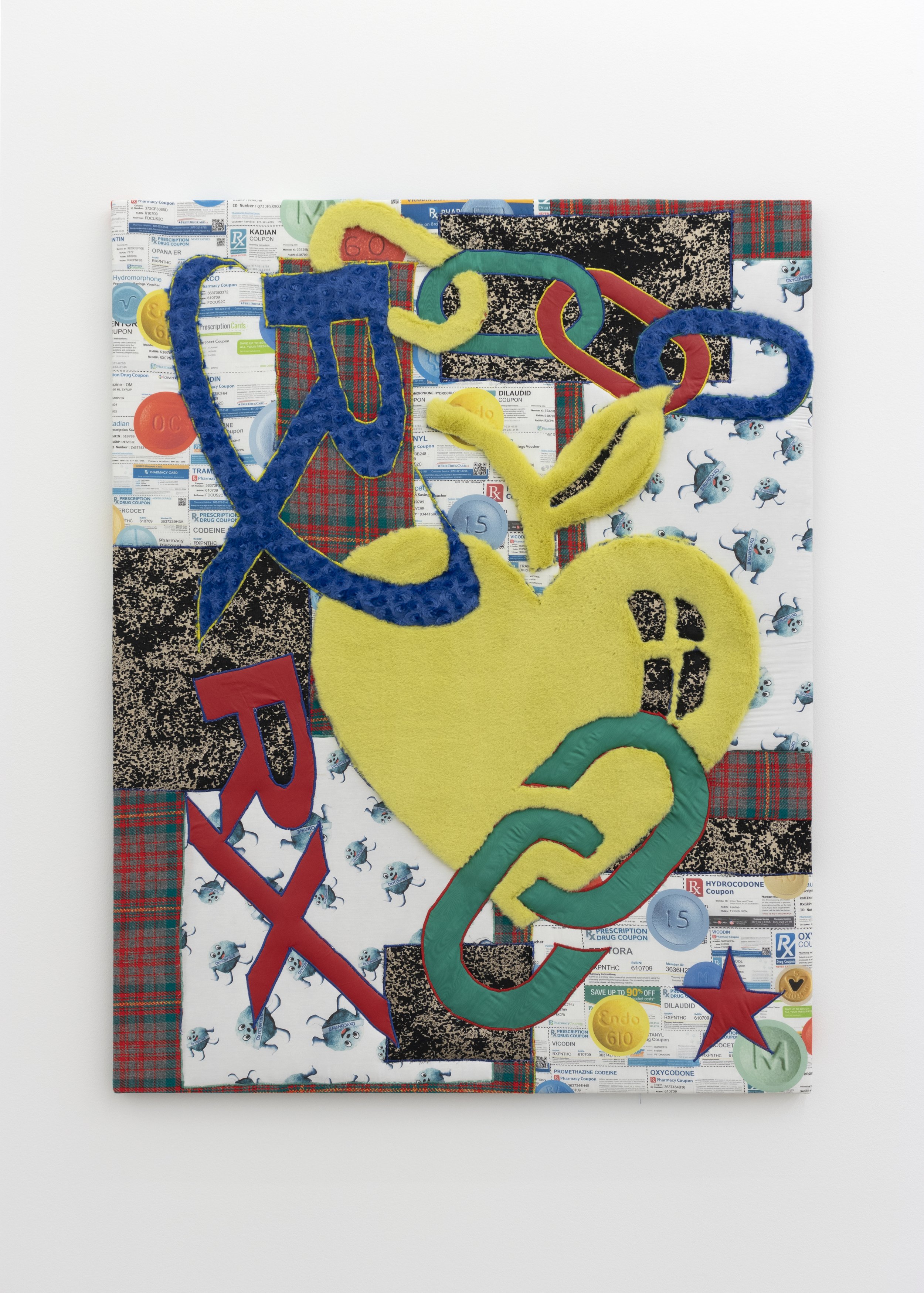  Alison Peery    Help , 2022  fabric, vinyl, thread &amp; canvas   54 x 42 in 