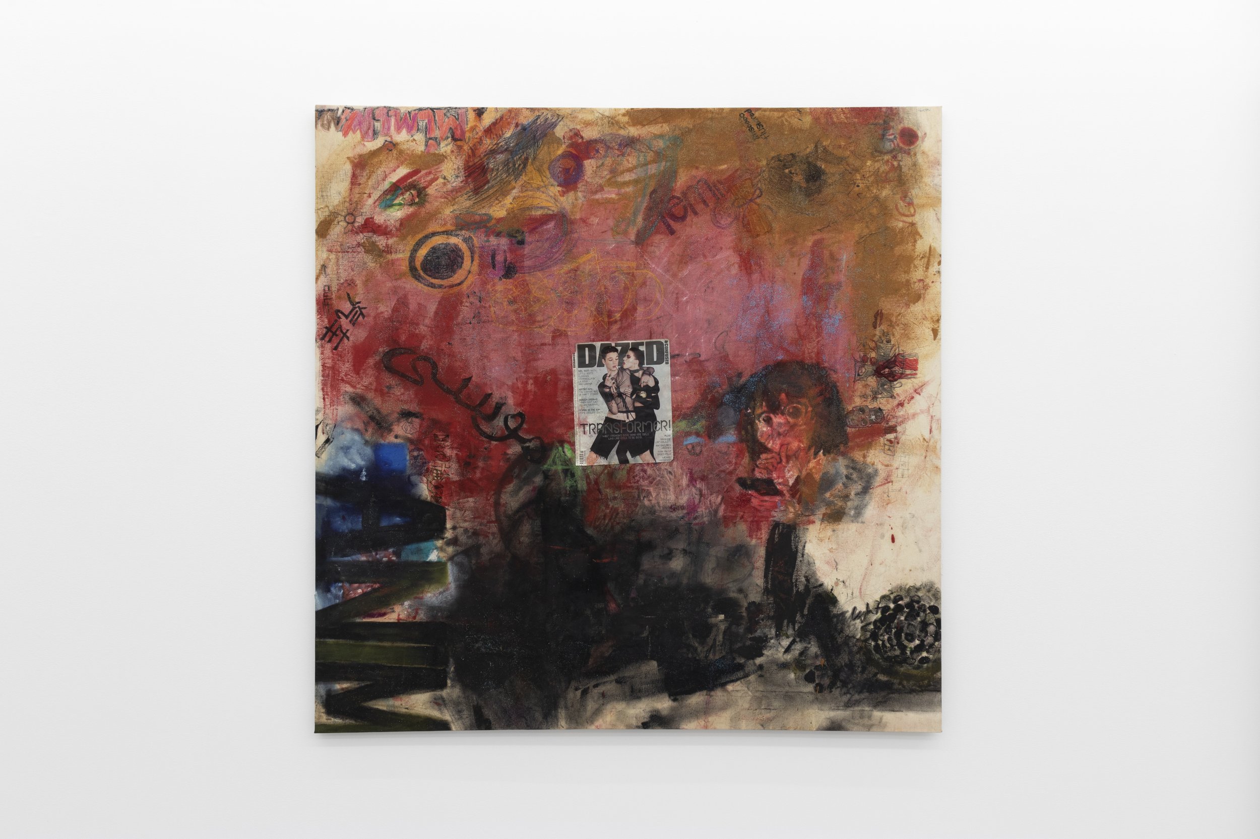  Hana Earles    Napkin,  2022   oil, magazine, and glitter on canvas   60 x 60 in 