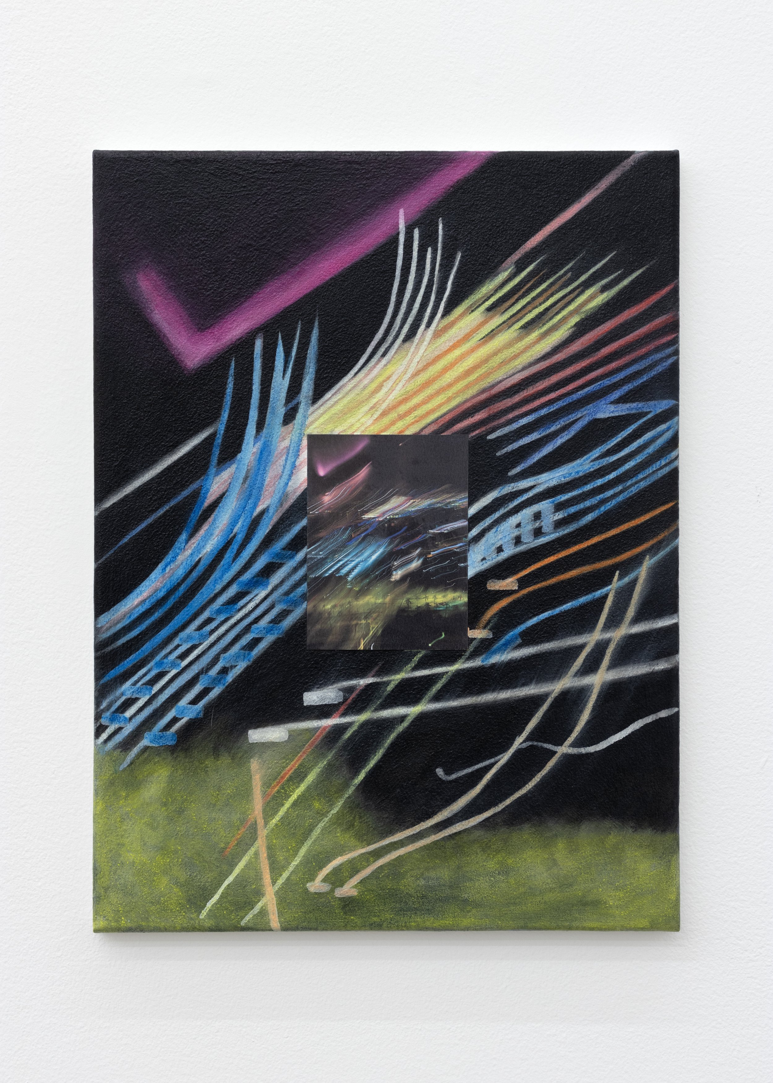  Michael Madrigali    Miami Lights (Weird World 184) , 2023   acrylic, aqua crayon, and laminated print on canvas 