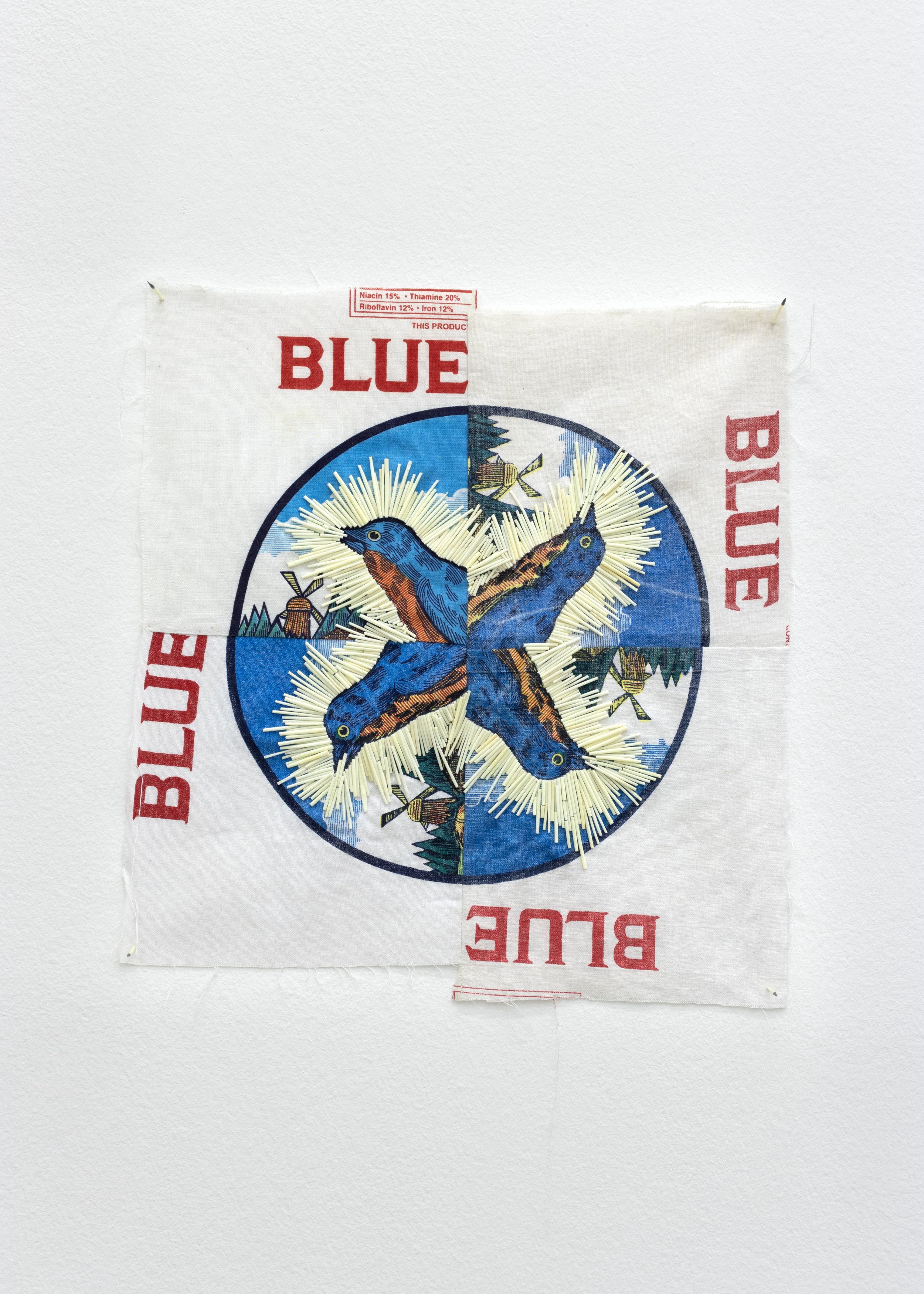  Emma Robbins    Yágo dootłʼizh , 2023   quillz, thread, Blue Bird Flour bags 