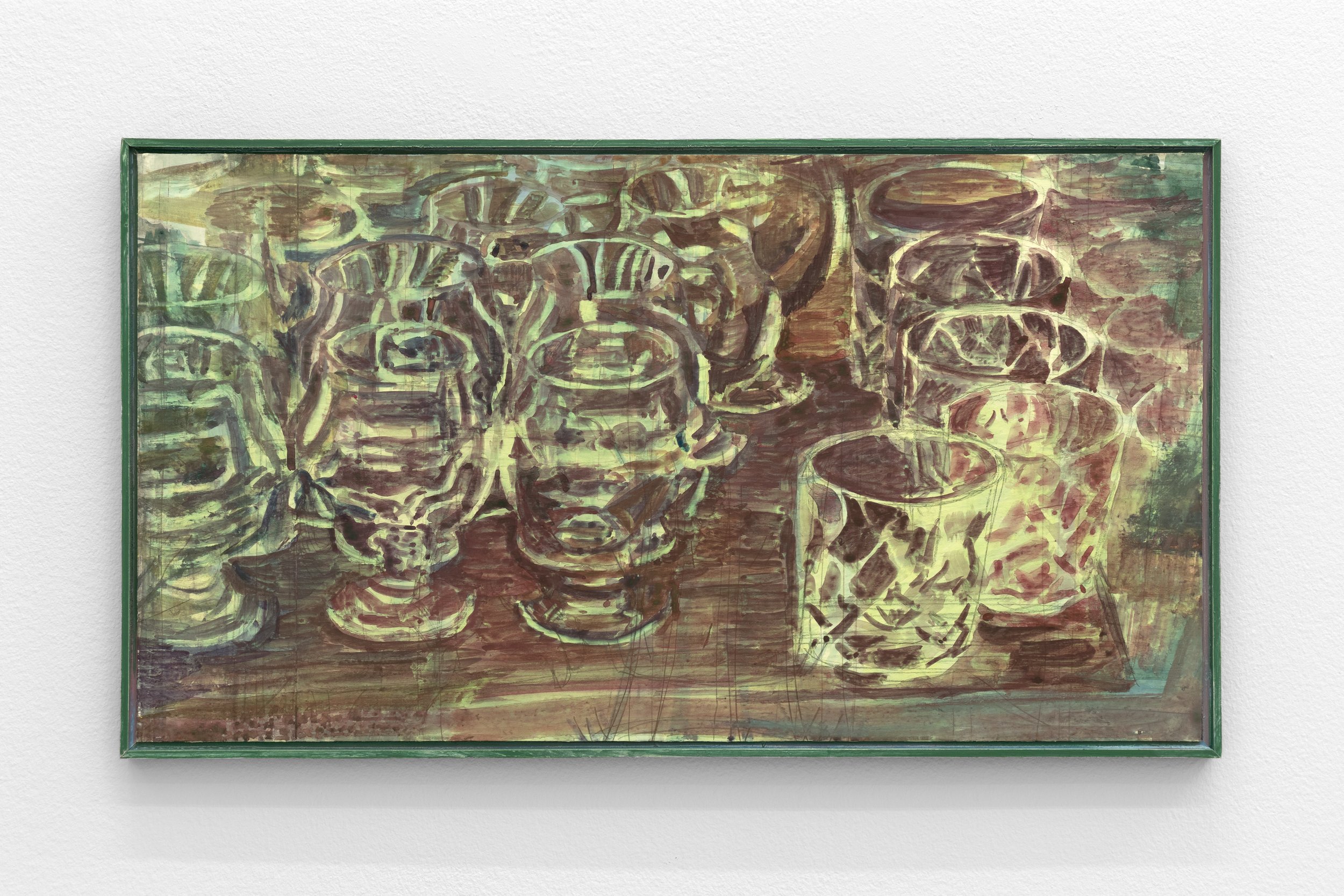  Ryan Nault    Some Cups , 2022   gouache and pencil on cardboard mounted to panel in artist frame 