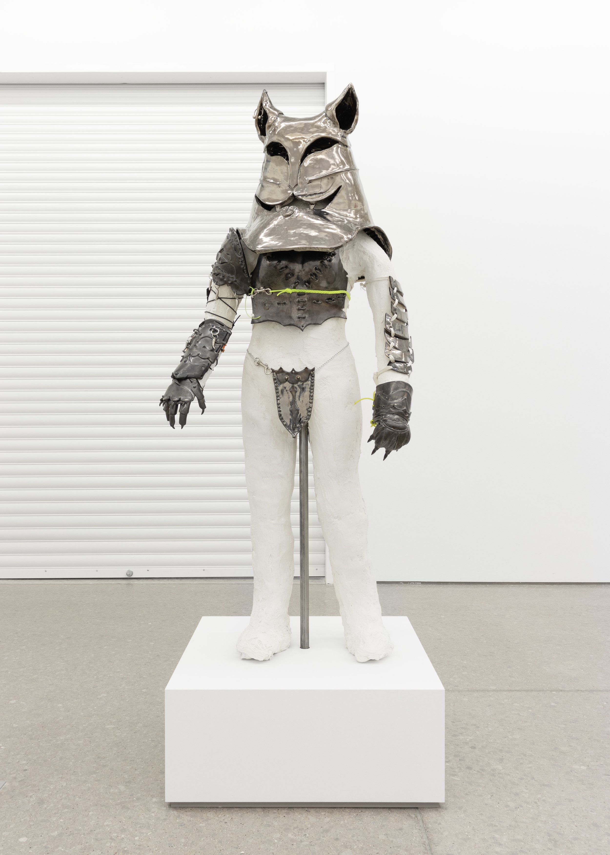  Chloe Seibert  Catsuit 1, 2023  glazed stoneware, plaster, wire, satin ribbon, rubber cord, sterling and stainless steel jewelry  46h x 29w x 17d in   