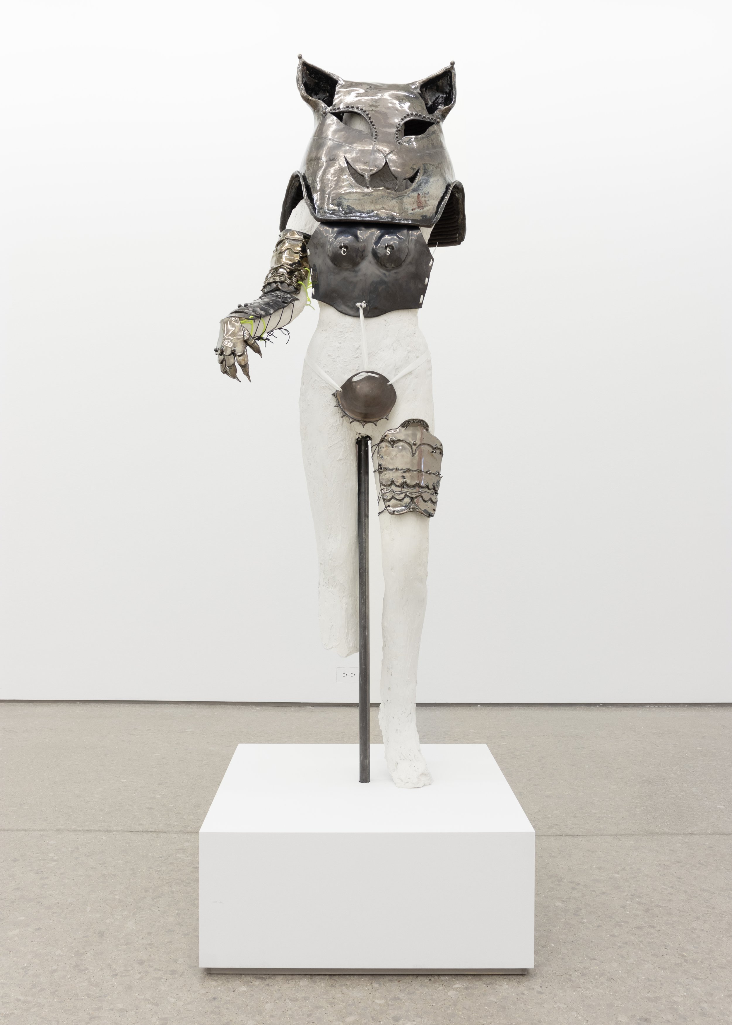  Chloe Seibert  Catsuit 2, 2023  glazed stoneware, plaster, wire, satin ribbon, rubber cord, stainless steel jewelry  84h x 26w x 24d in 