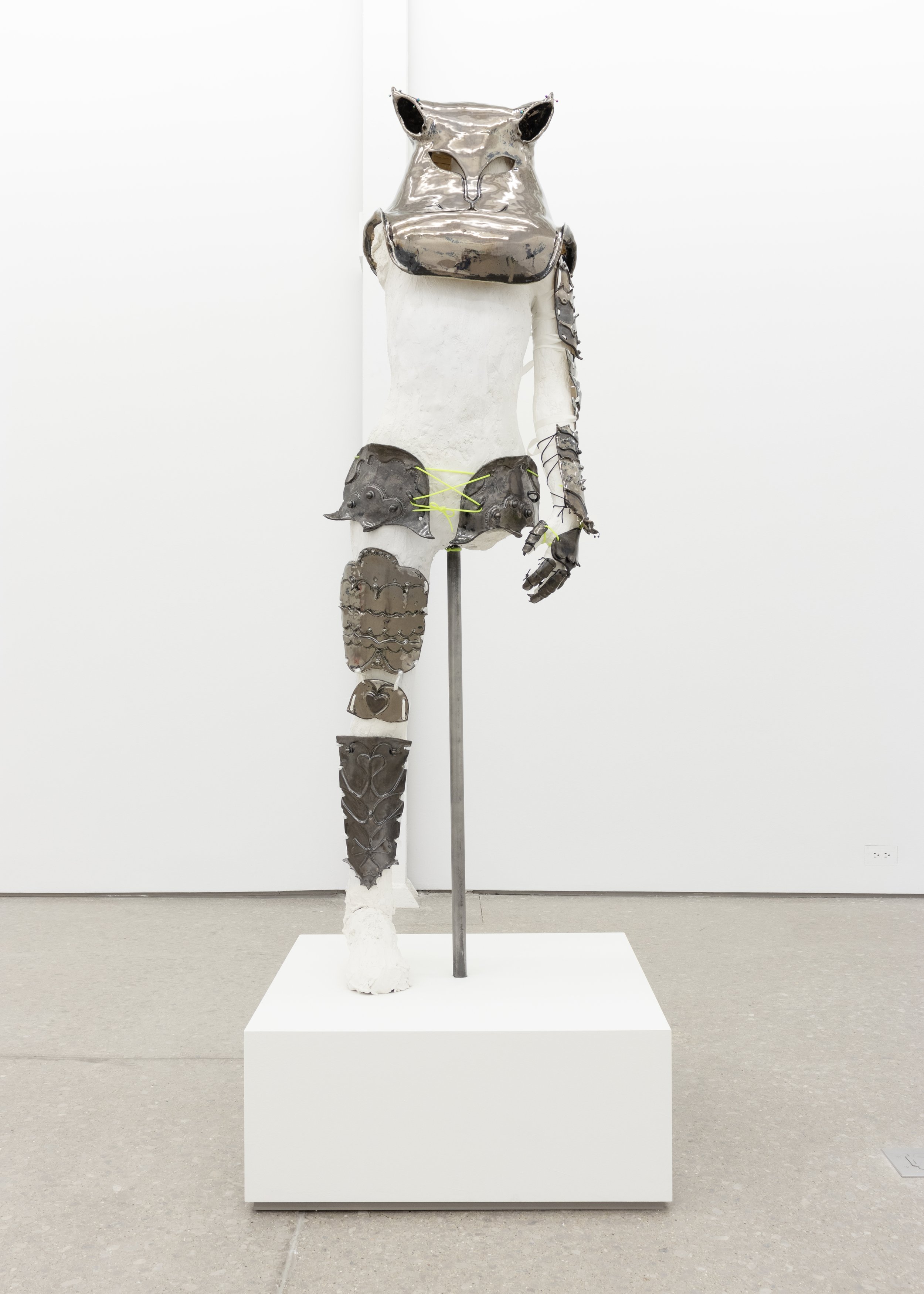  Chloe Seibert  Catsuit 4, 2023  glazed stoneware, plaster, wire, satin ribbon, rubber cord, stainless steel jewelry  68h x 19w x 16d in 