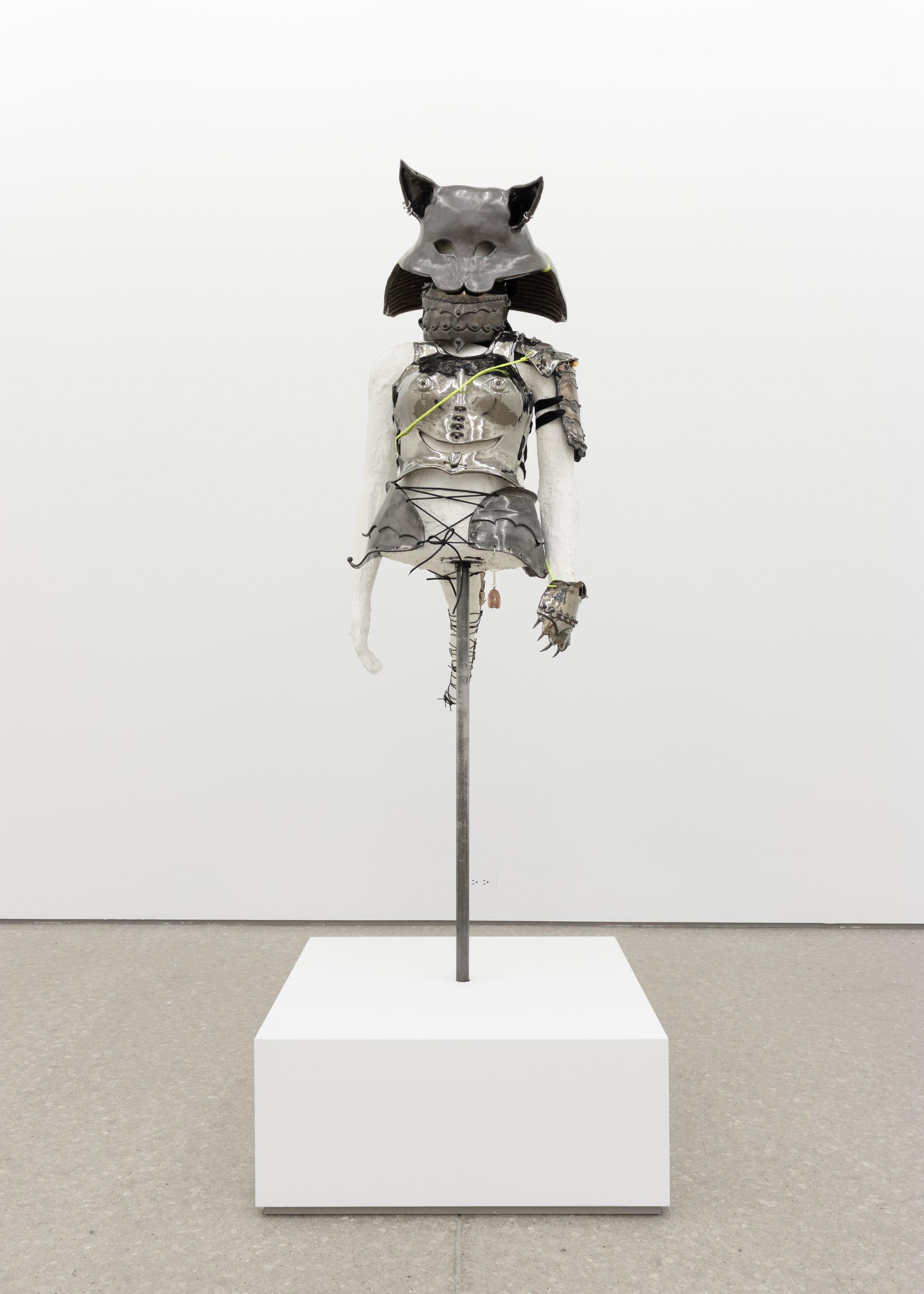  Chloe Seibert  Catsuit 5, 2023  glazed stoneware, plaster, wire, satin ribbon, rubber cord, sterling and stainless steel jewelry  65h x 20w x 18d in 