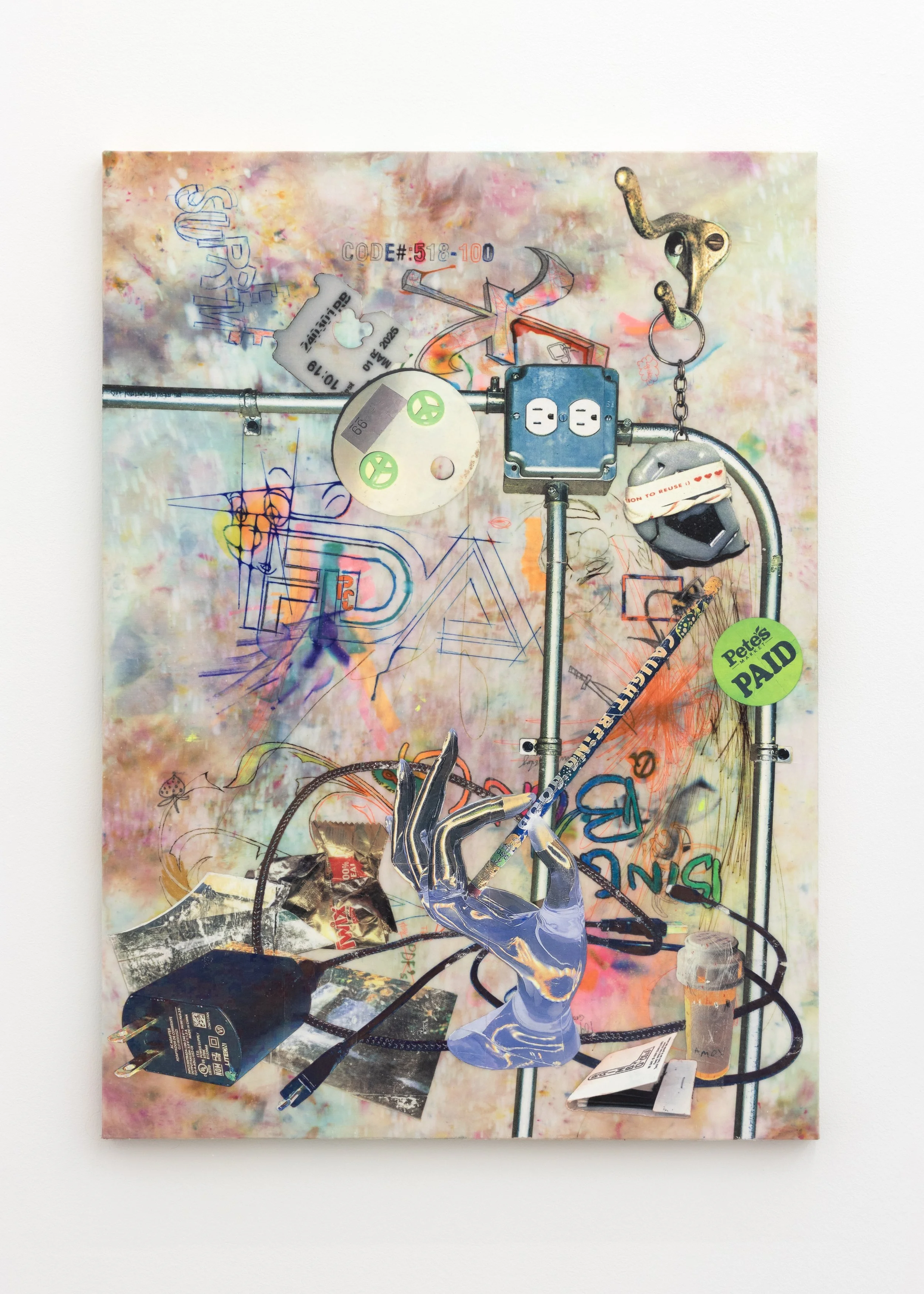  Leonardo Kaplan   Nerve Plexus , 2025  toner transfer, marker, pencil, and oil pastel on cotton  39h x 28w in 